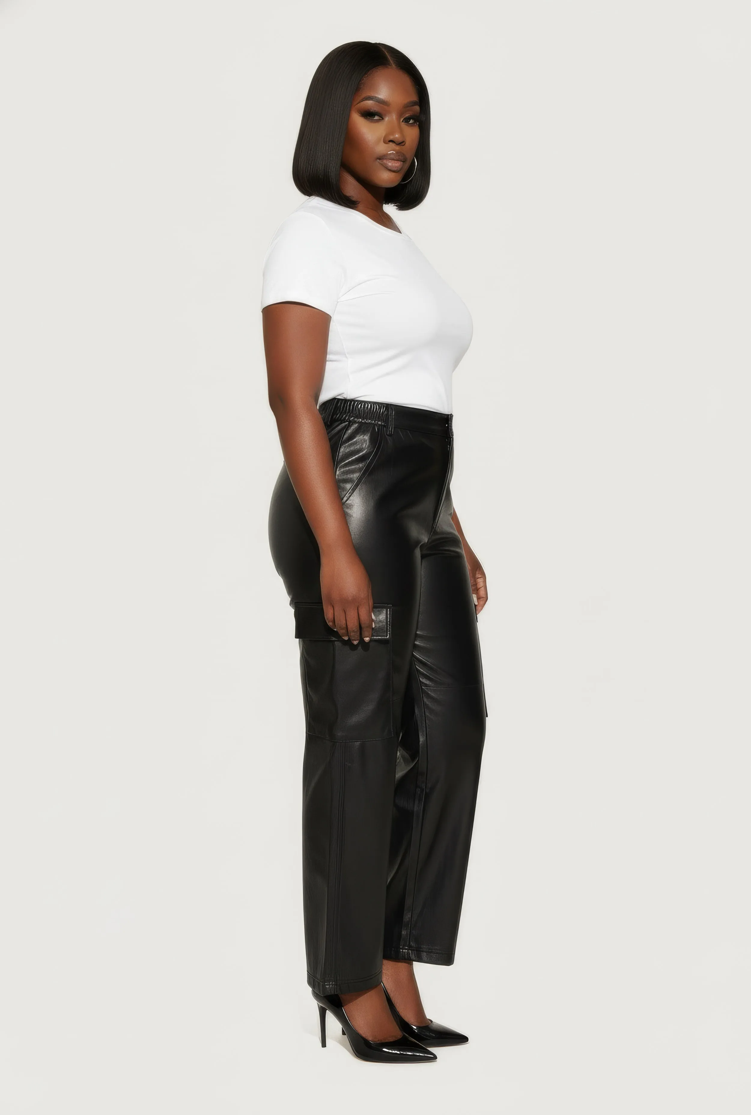 Plus Size High Waisted Faux Leather Cargo Pants sold by Rainbow product image thumbnail 3