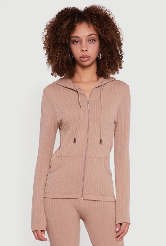 Textured Knit Zip Front Hoodie sold by Rainbow