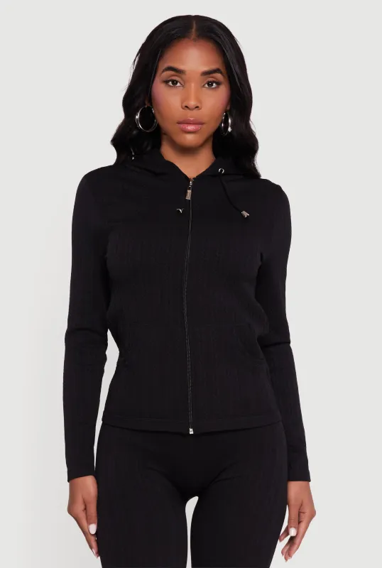 Textured Knit Zip Front Hoodie sold by Rainbow