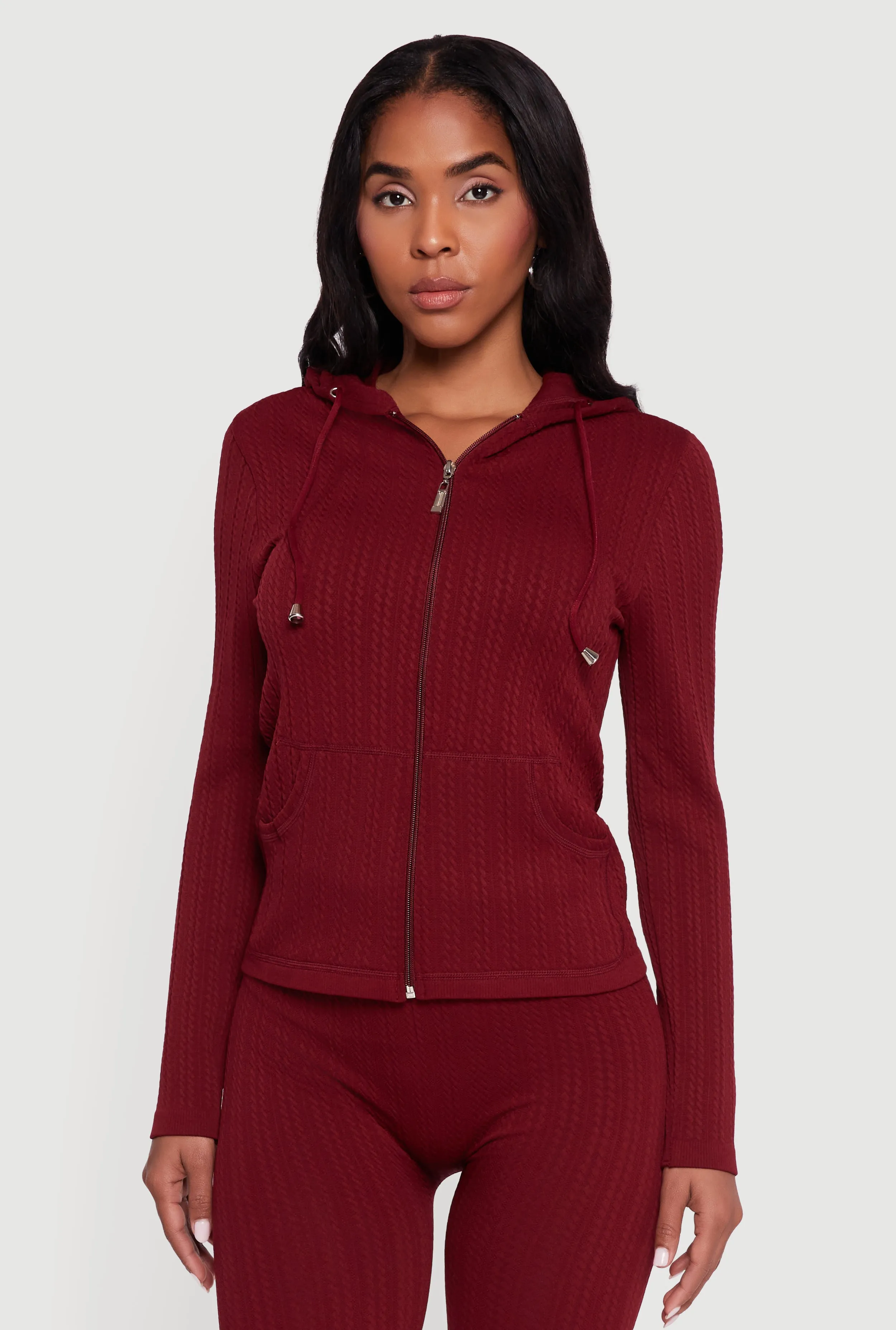 Textured Knit Zip Front Hoodie sold by Rainbow