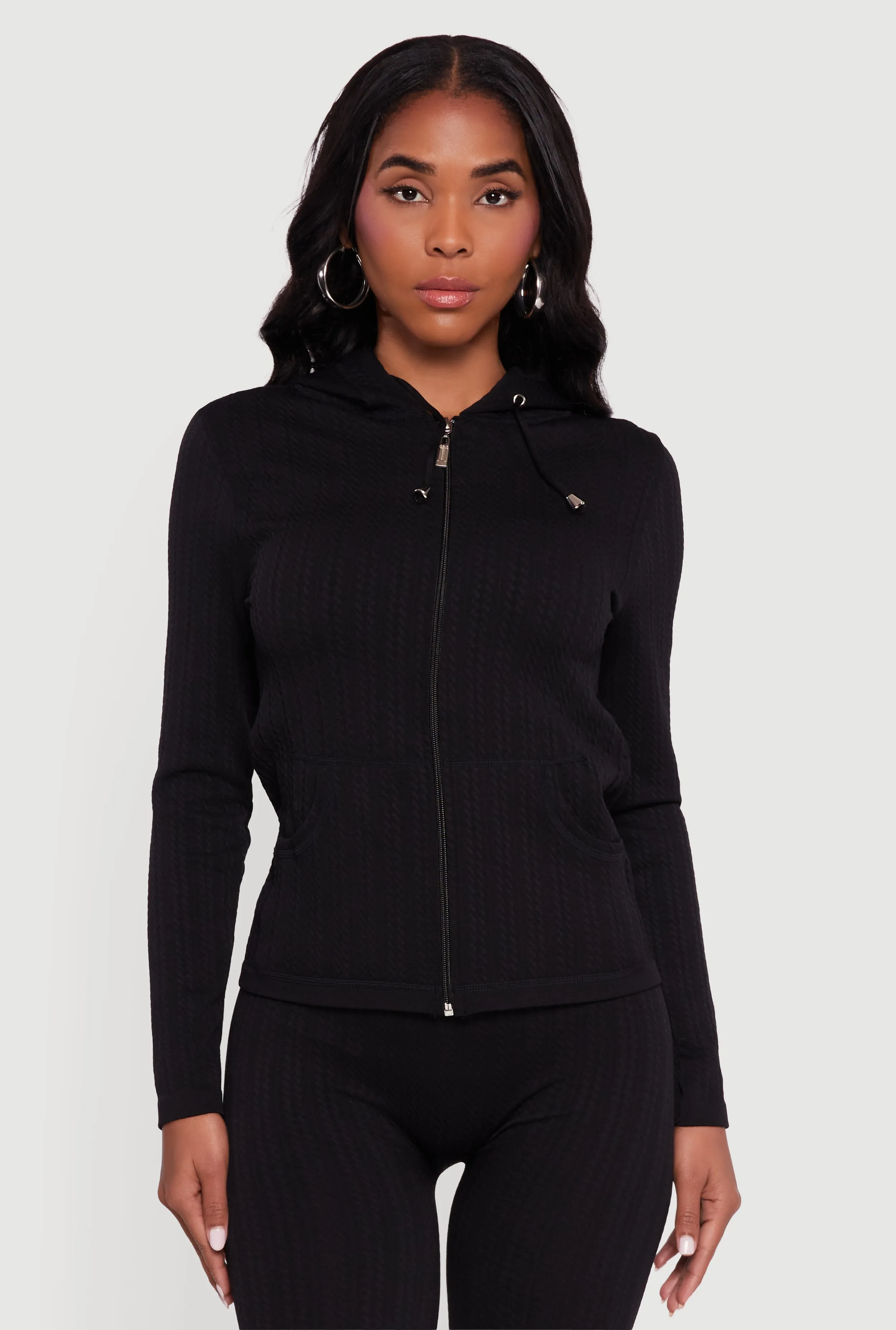 Textured Knit Zip Front Hoodie sold by Rainbow