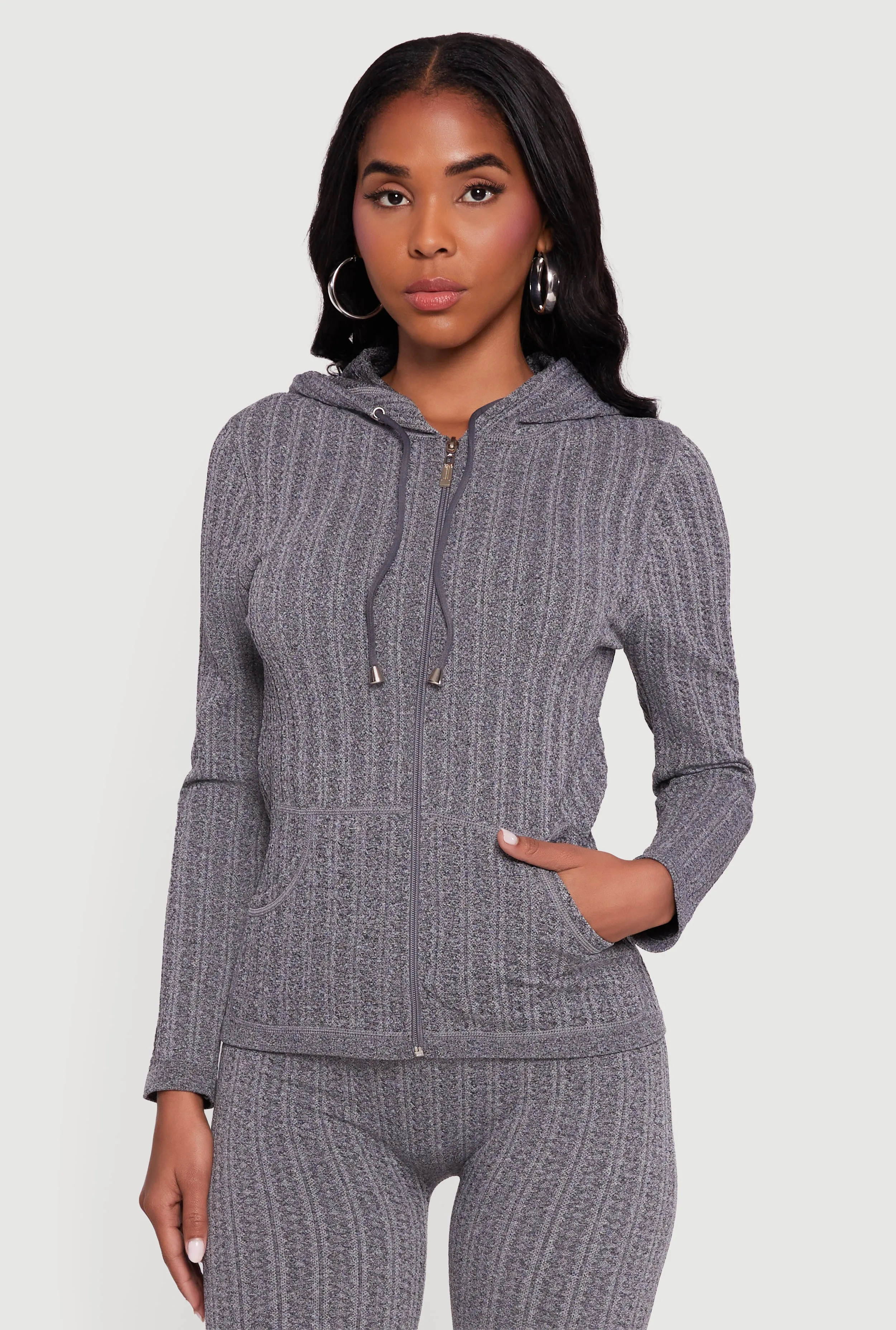 Textured Knit Zip Front Hoodie sold by Rainbow