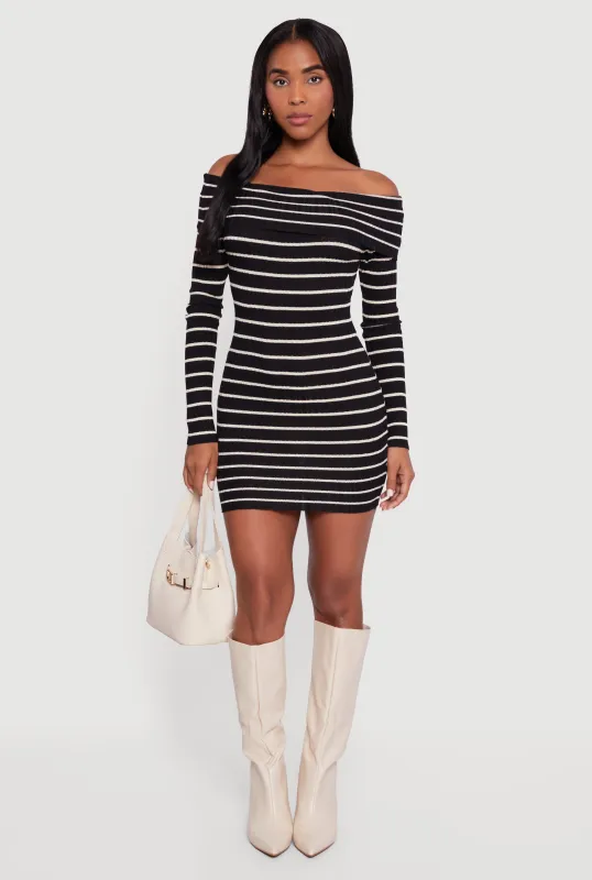 Striped Fold Over Off the Shoulder Sweater Dress sold by Rainbow