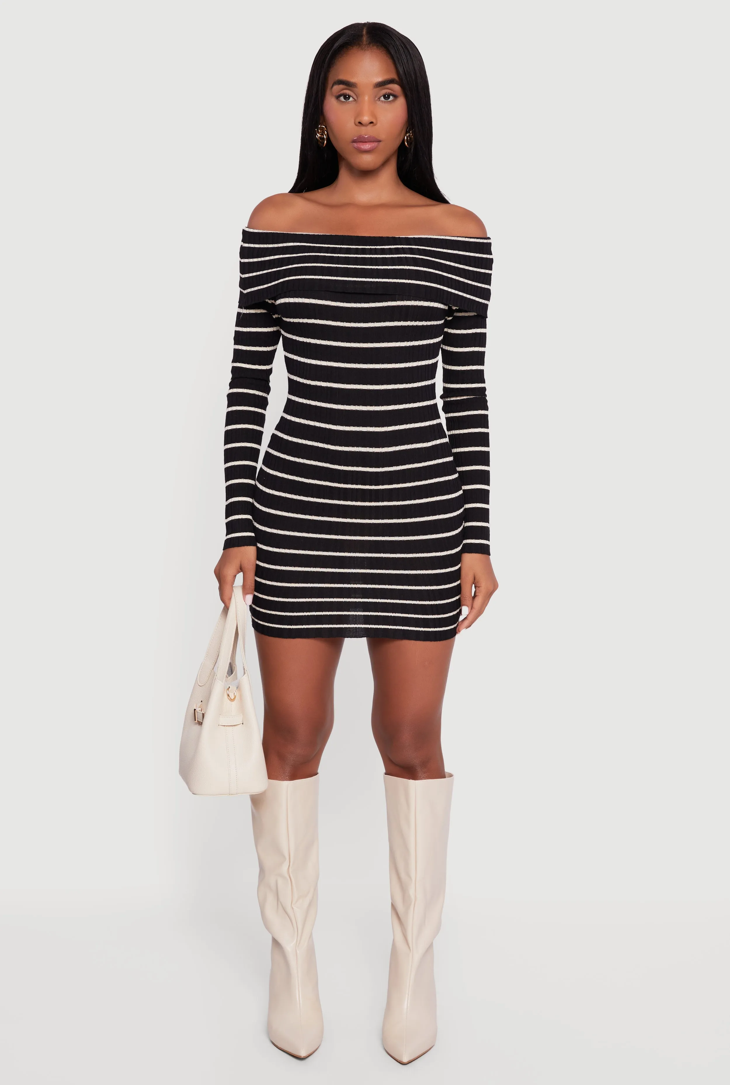 Striped Fold Over Off the Shoulder Sweater Dress sold by Rainbow product image thumbnail 2