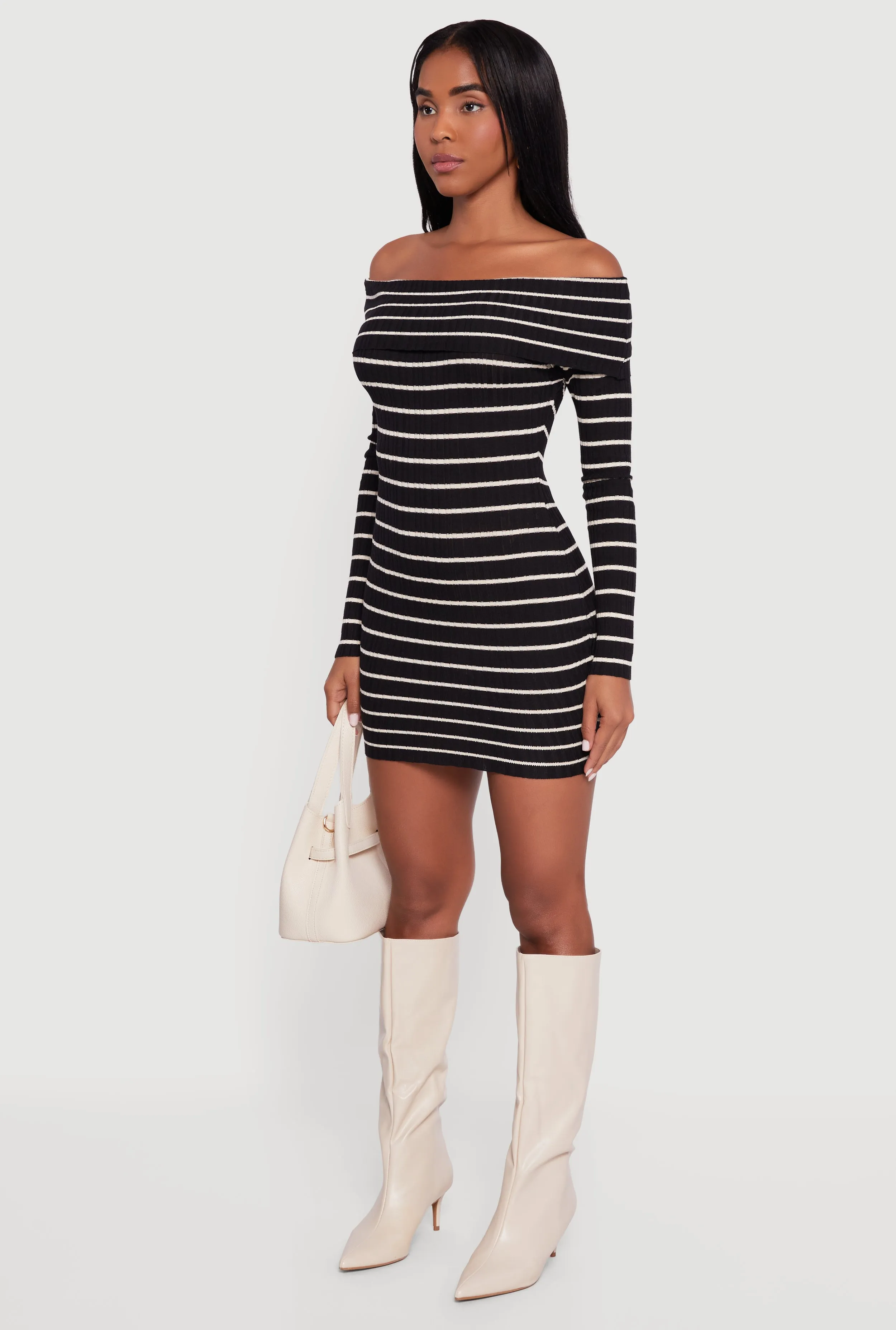 Striped Fold Over Off the Shoulder Sweater Dress sold by Rainbow product image thumbnail 3