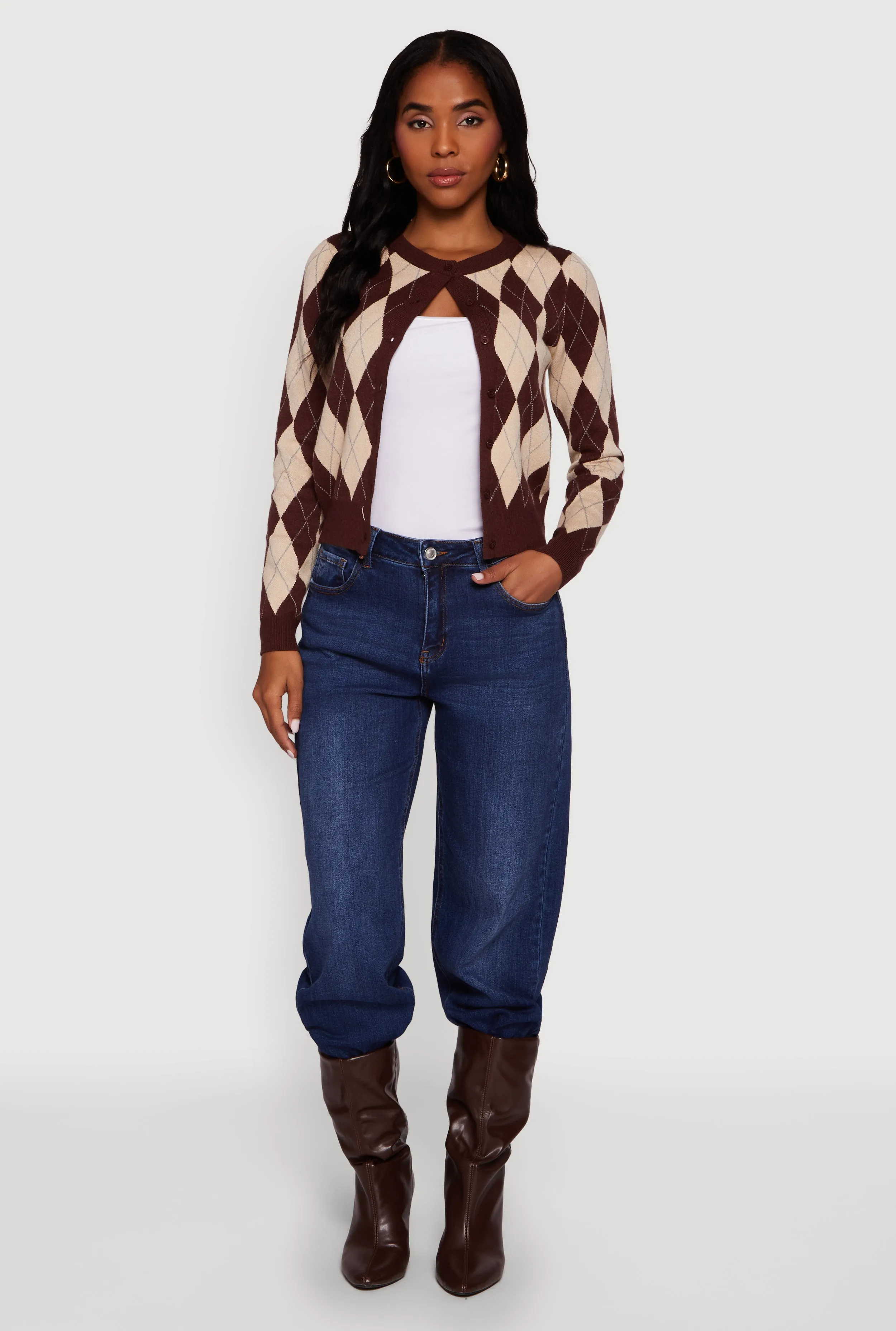 Argyle Plaid Button Front Cardigan sold by Rainbow