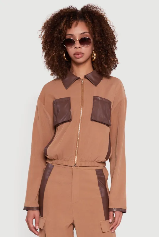 Faux Leather Detail Zip Front Twill Jacket sold by Rainbow