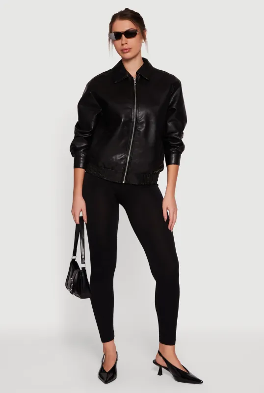 Faux Leather Zip Front Bomber Jacket sold by Rainbow