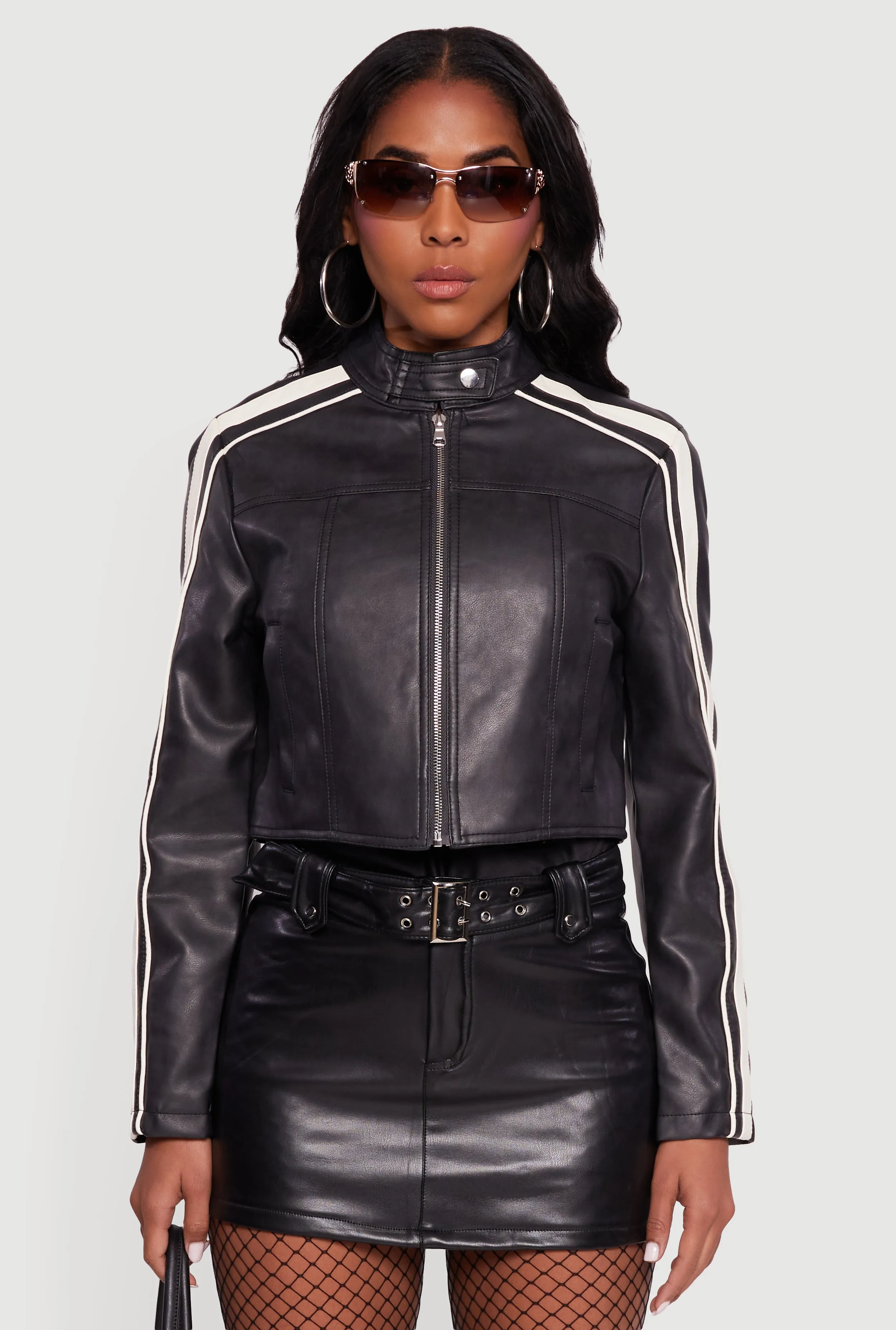 Contrast Trim Cropped Zip Front Moto Jacket sold by Rainbow product image thumbnail 2