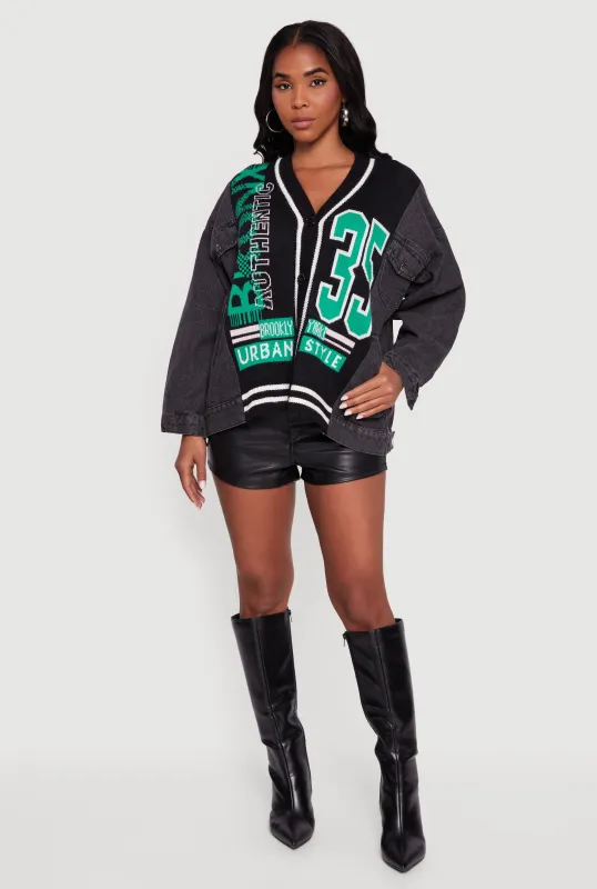 Oversized Color Blocked Streetwear Graphic Knit Denim Jacket sold by Rainbow