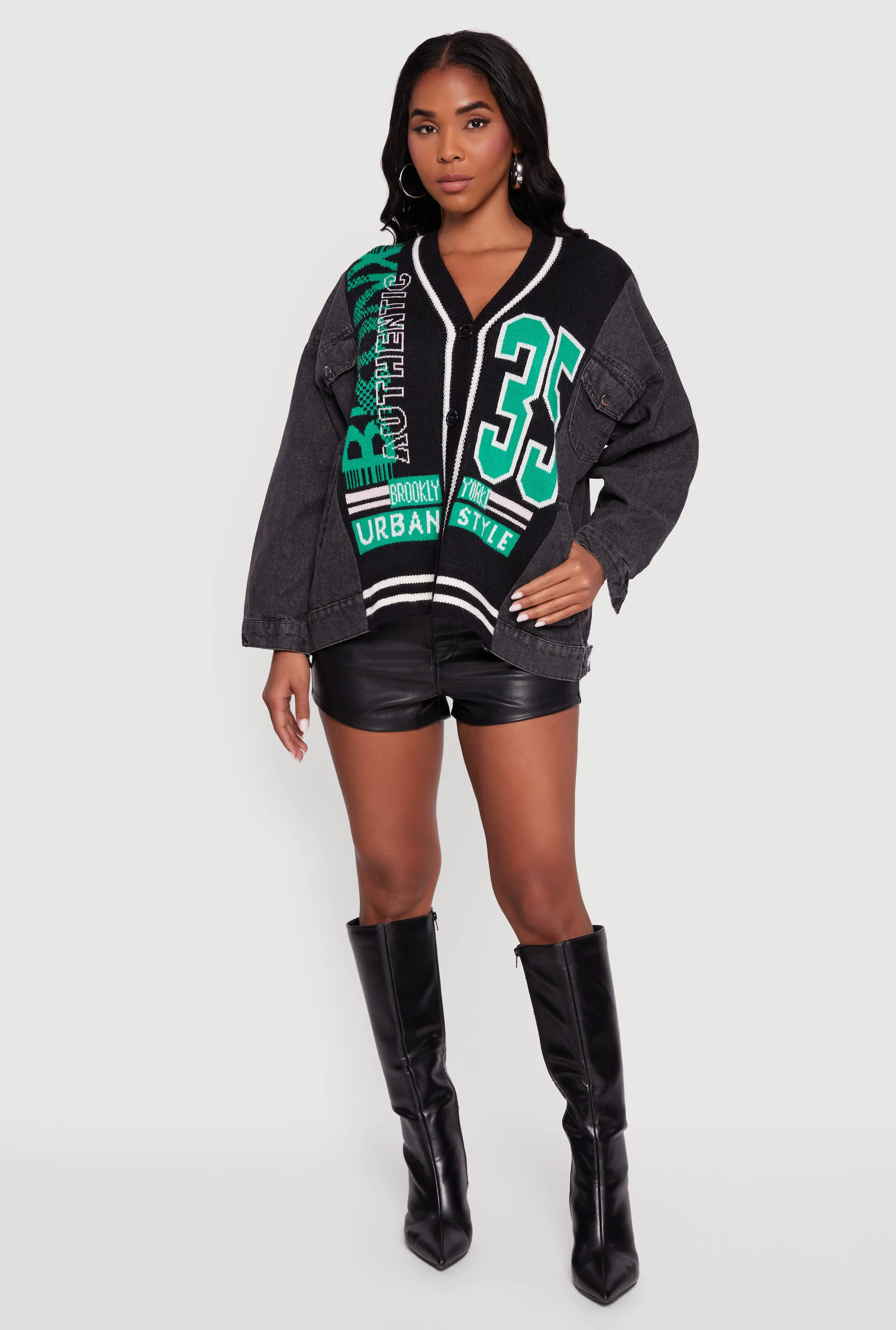 Oversized Color Blocked Streetwear Graphic Knit Denim Jacket sold by Rainbow