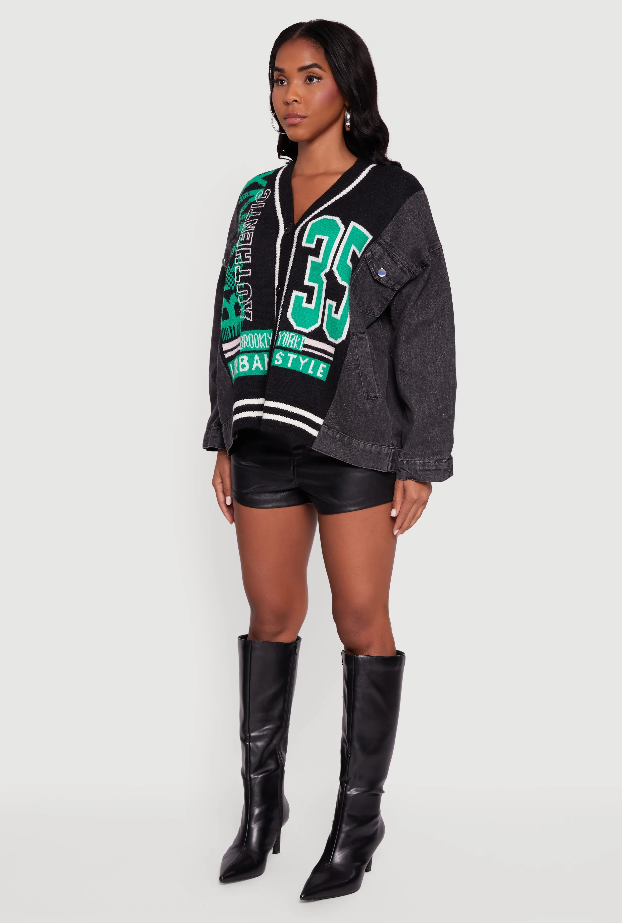 Oversized Color Blocked Streetwear Graphic Knit Denim Jacket sold by Rainbow product image thumbnail 5