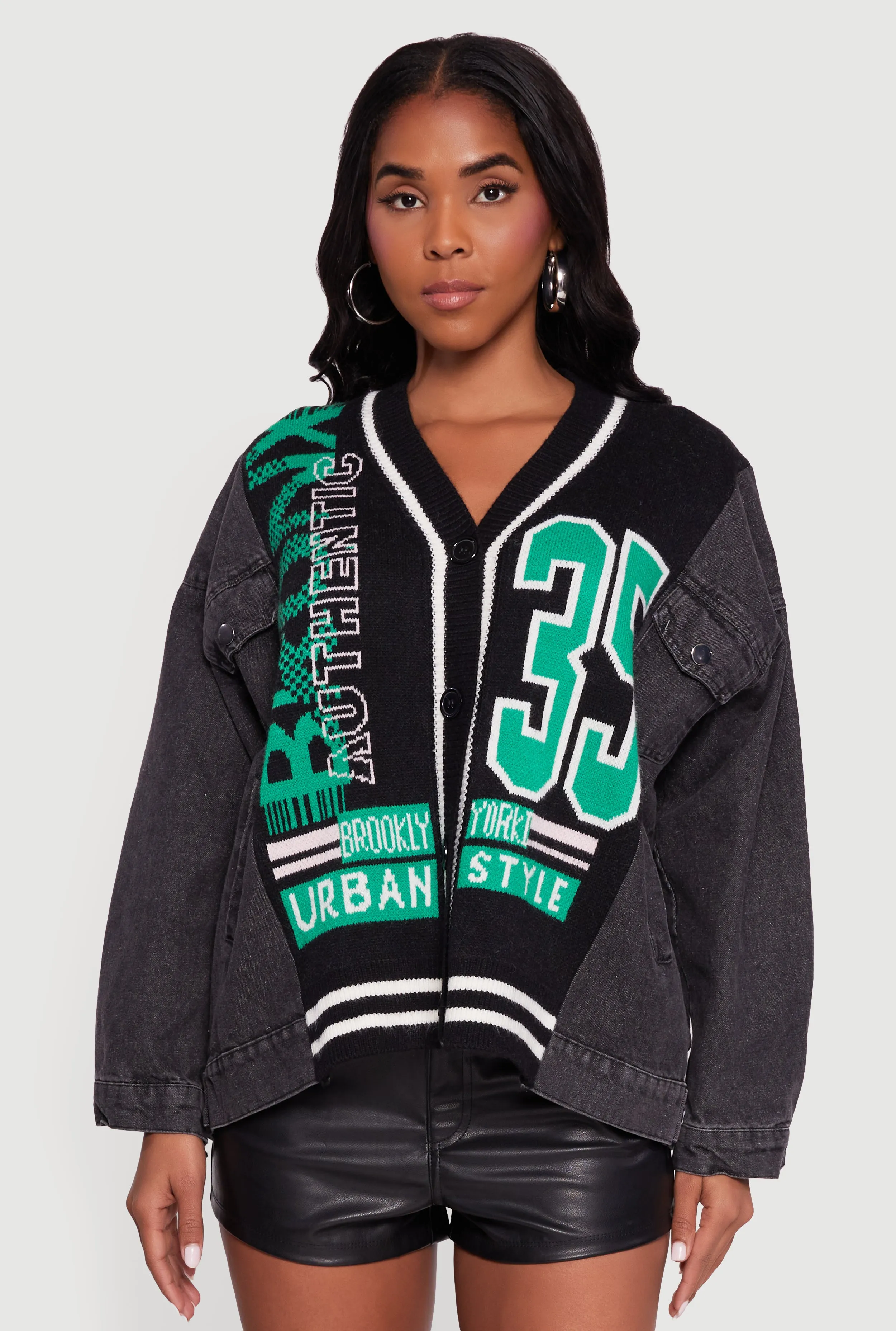 Oversized Color Blocked Streetwear Graphic Knit Denim Jacket sold by Rainbow product image thumbnail 2