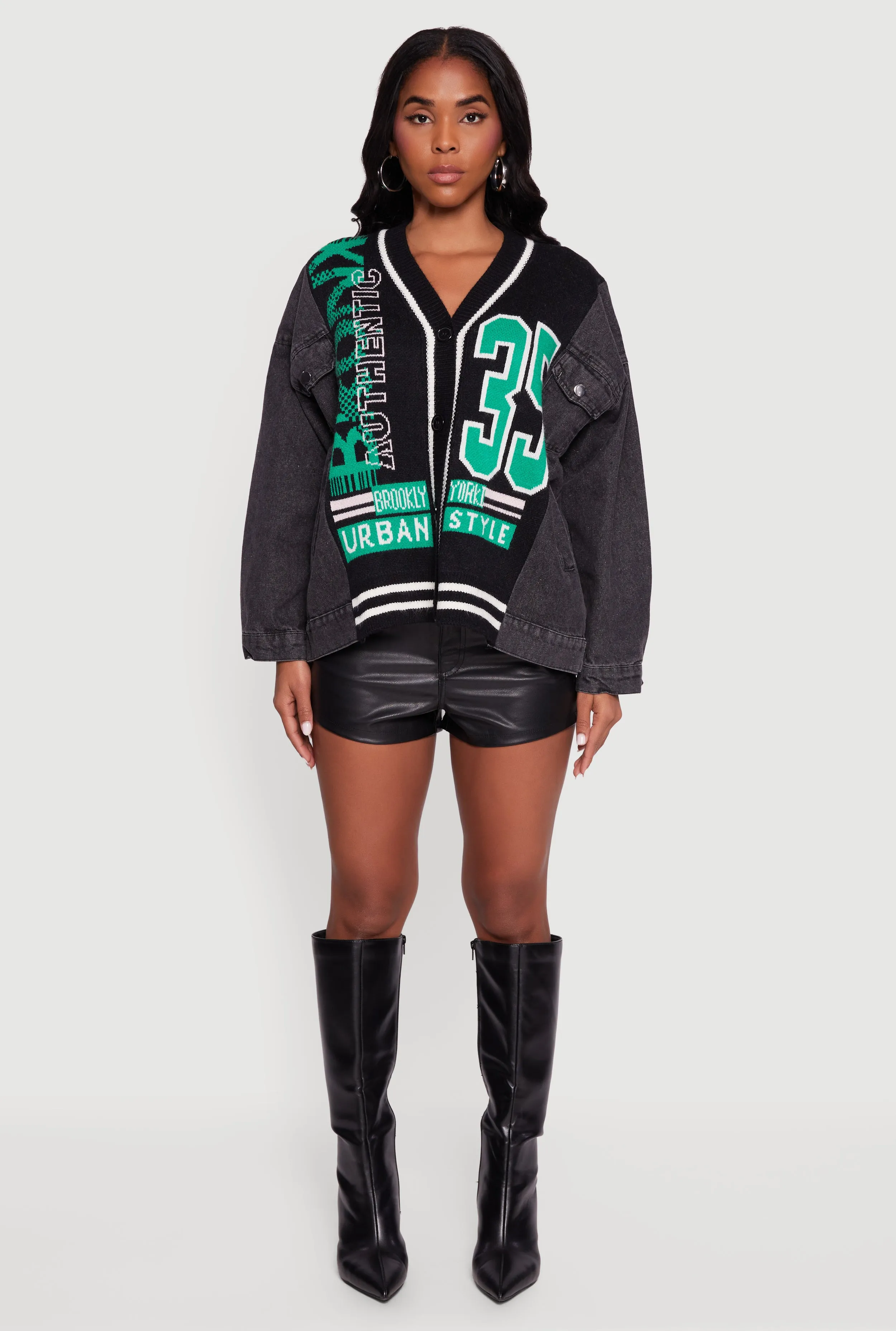 Oversized Color Blocked Streetwear Graphic Knit Denim Jacket sold by Rainbow product image thumbnail 3