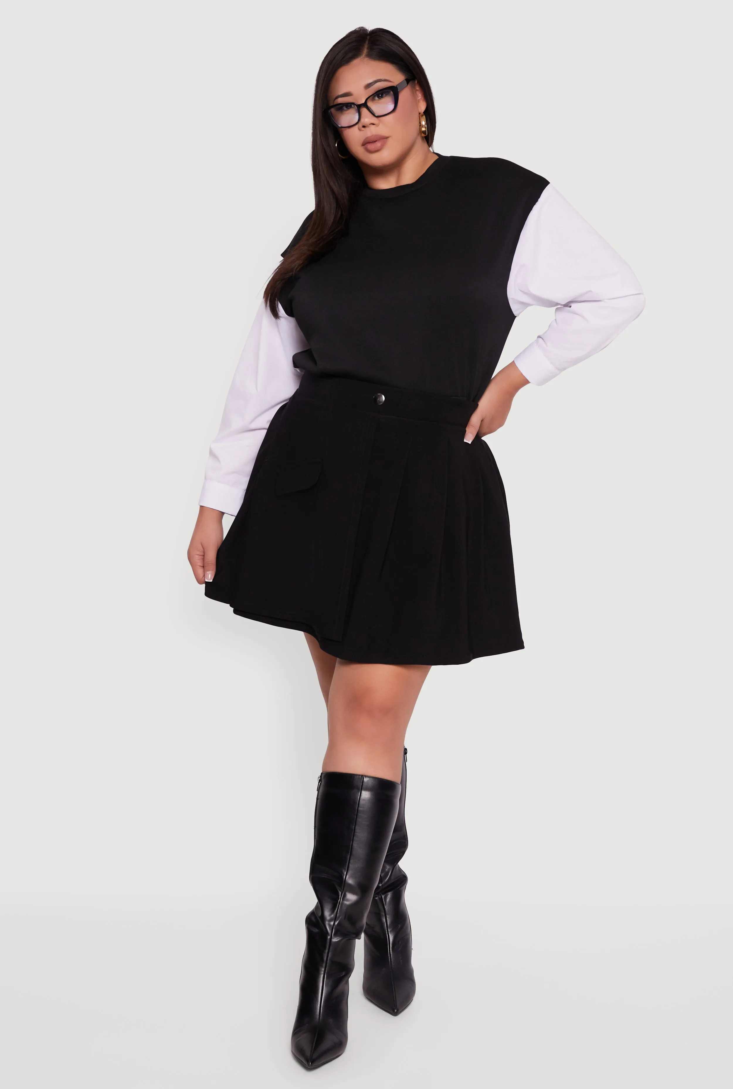 Plus Size Pleated Mini Skirt with Faux Pocket sold by Rainbow
