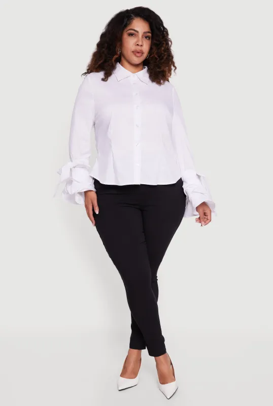 Plus Size Tiered Bell Sleeve Pleated Button Front Shirt sold by Rainbow