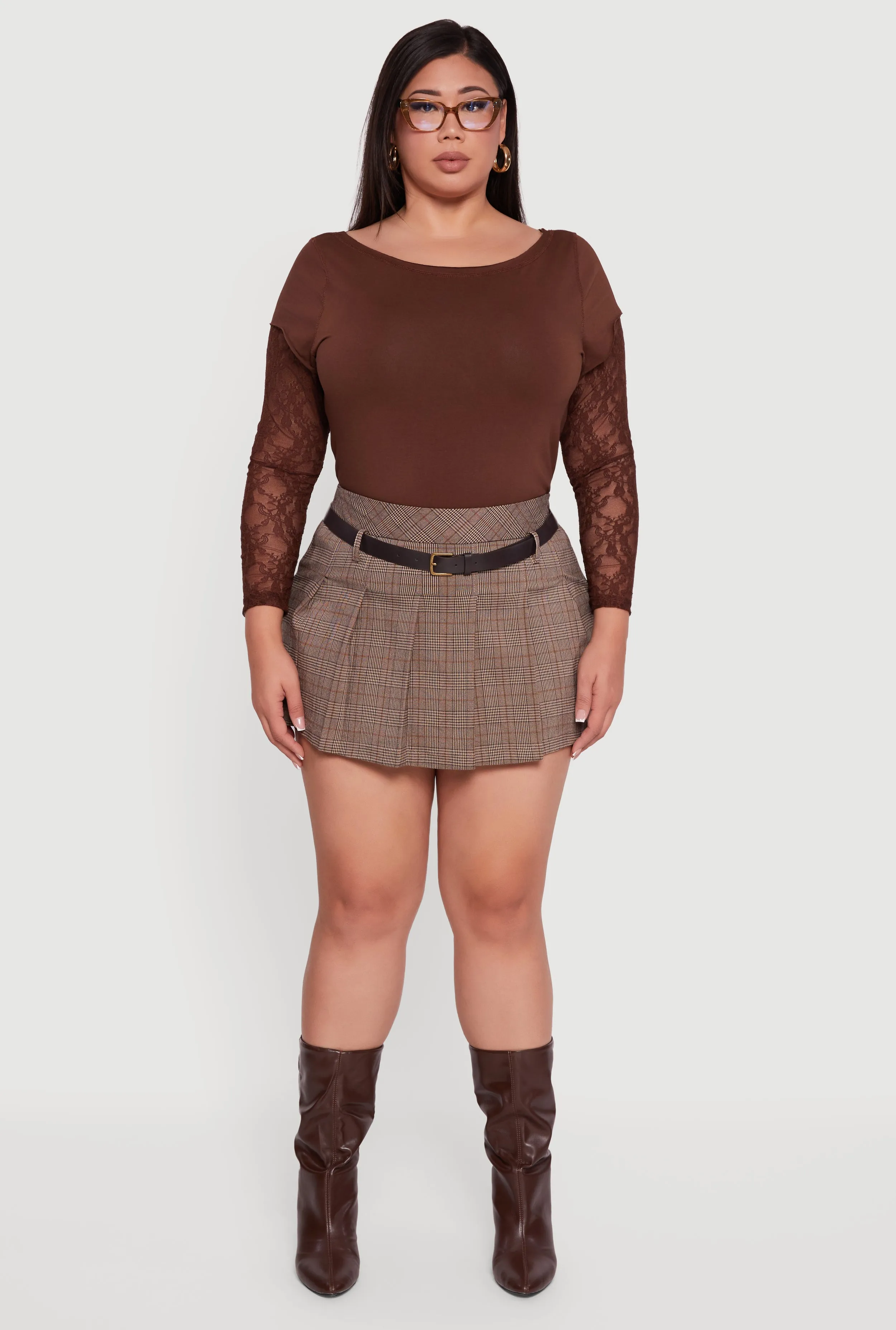 Plus Size High Waisted Plaid Pleated Mini Skirt with Belt sold by Rainbow product image thumbnail 2