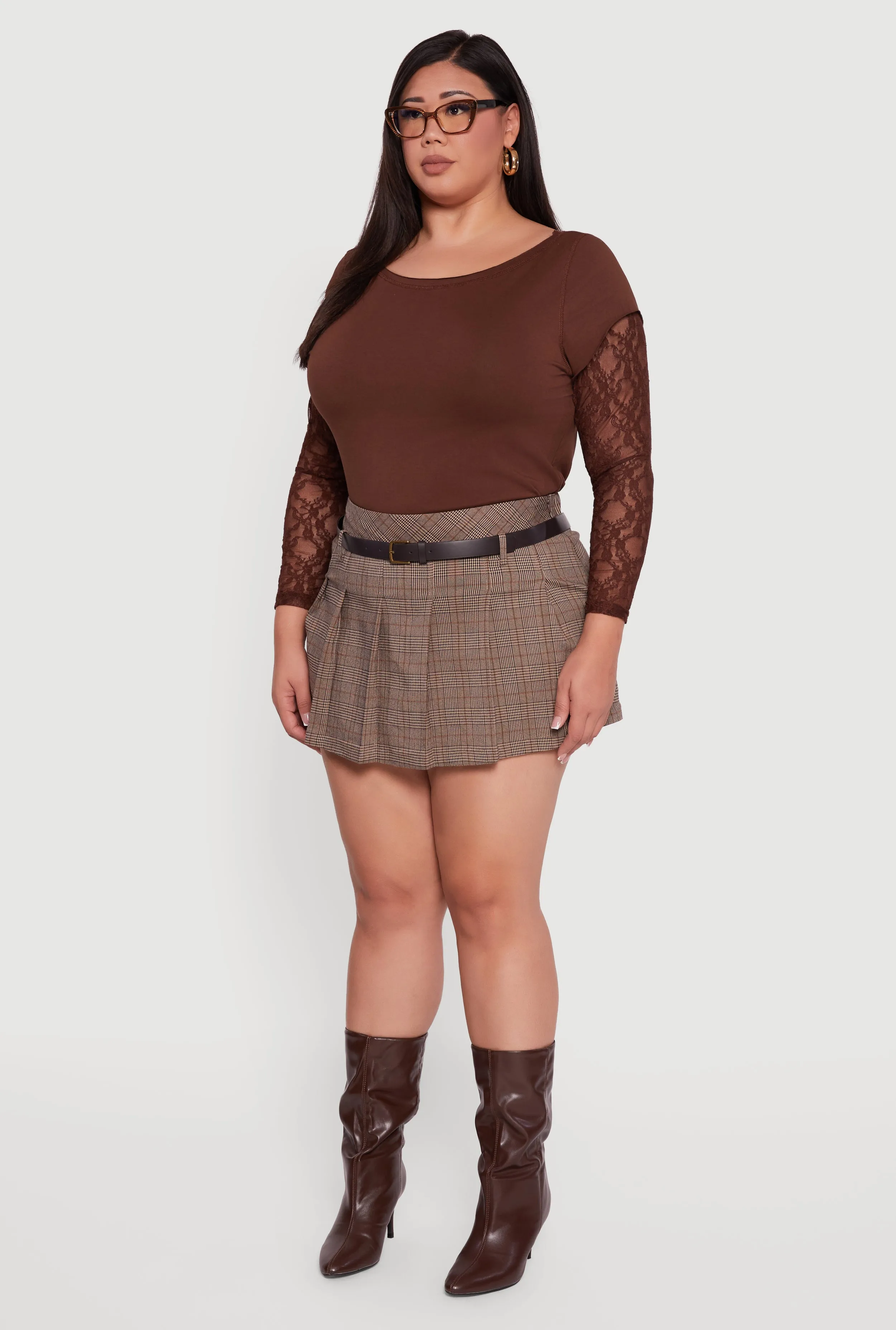 Plus Size High Waisted Plaid Pleated Mini Skirt with Belt sold by Rainbow product image thumbnail 3