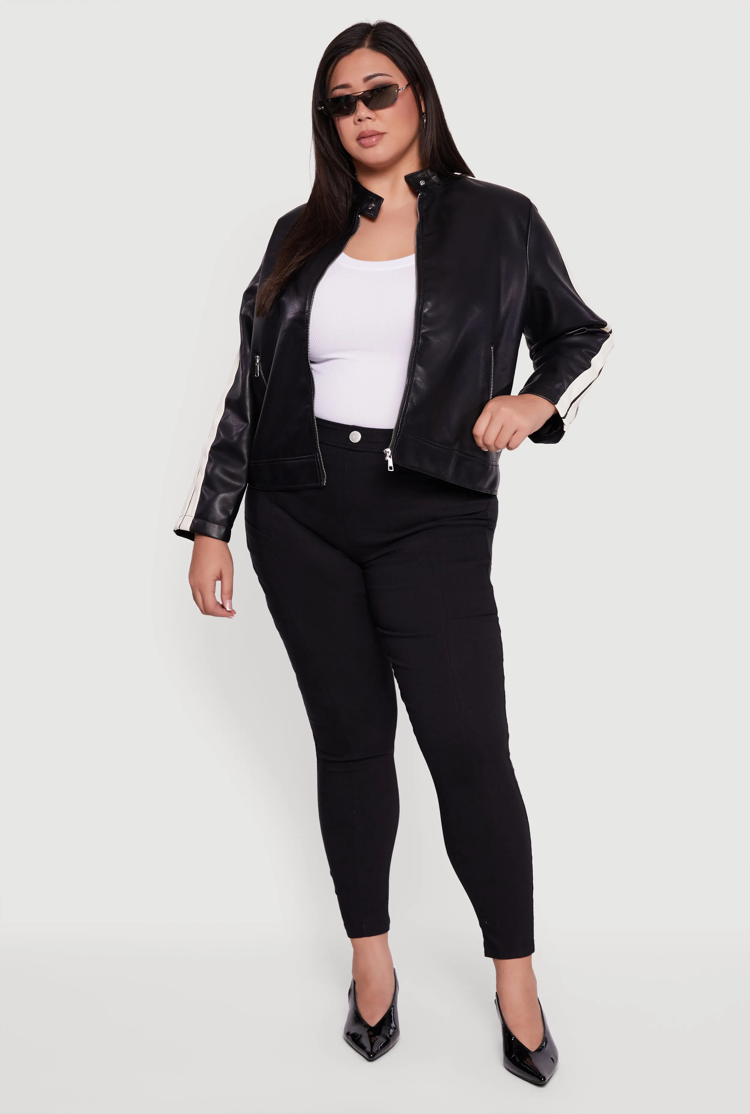 Plus Size Contrast Trim Faux Leather Moto Jacket sold by Rainbow