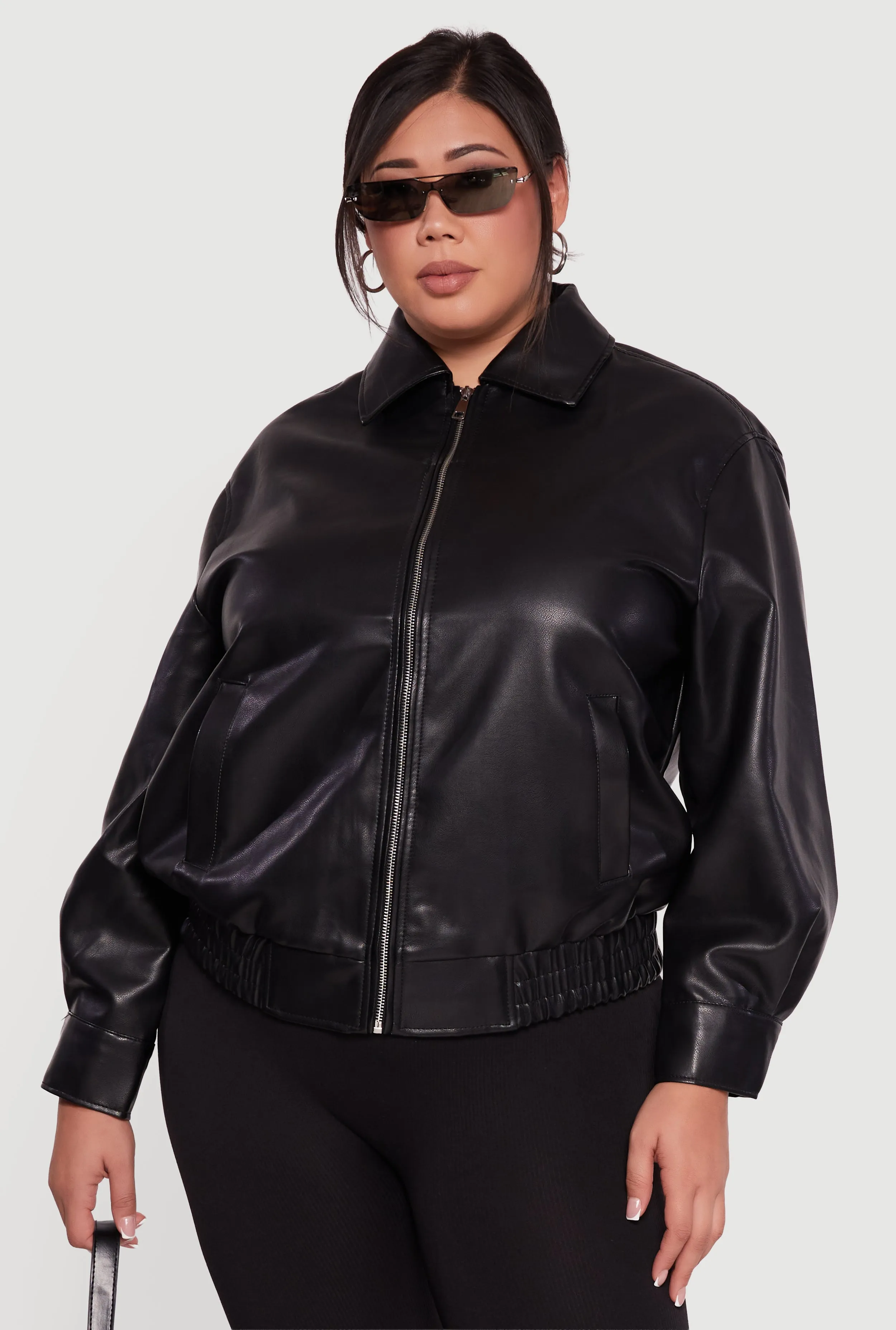 Plus Size Faux Leather Zip Front Bomber Jacket sold by Rainbow product image thumbnail 2