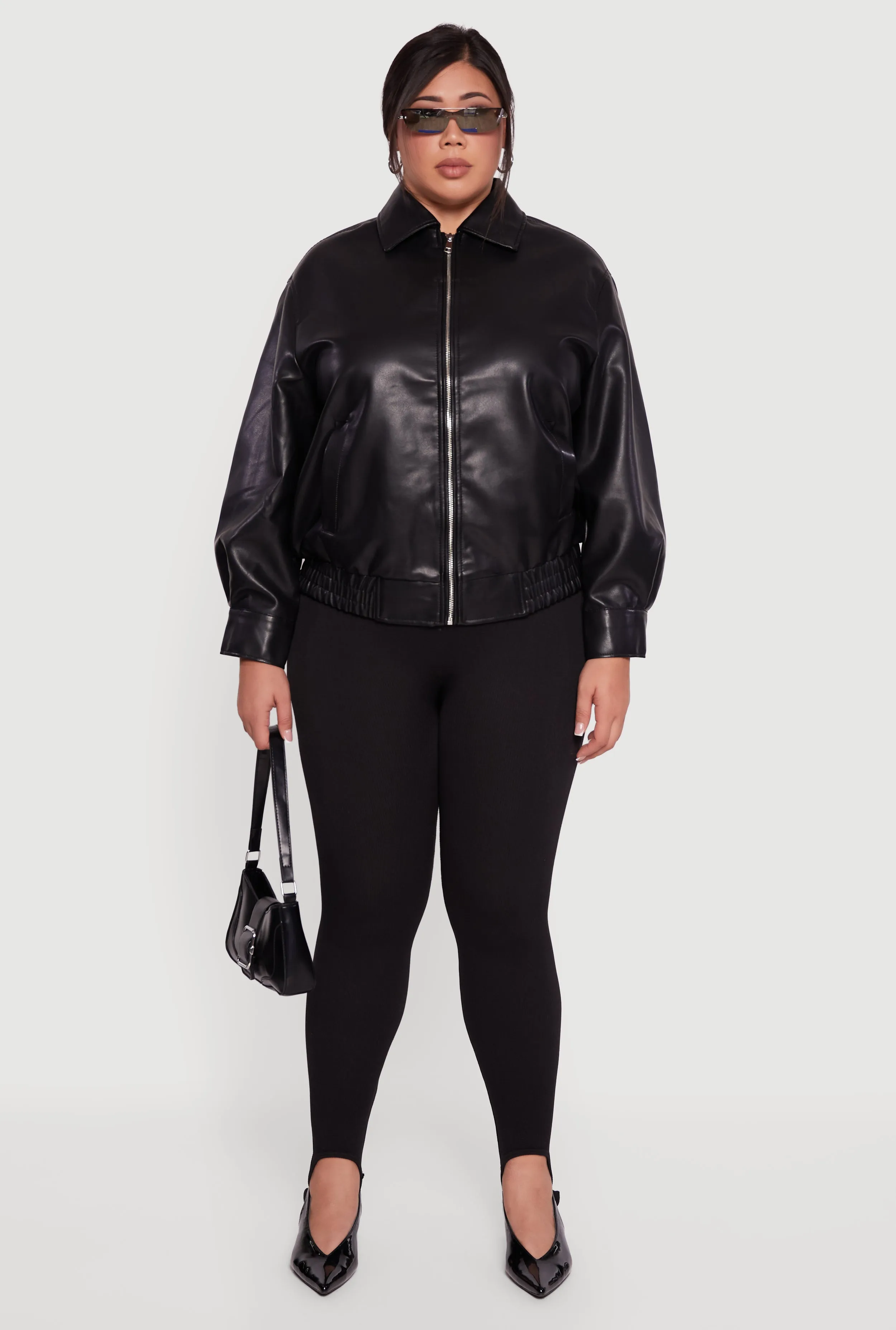 Plus Size Faux Leather Zip Front Bomber Jacket sold by Rainbow product image thumbnail 3