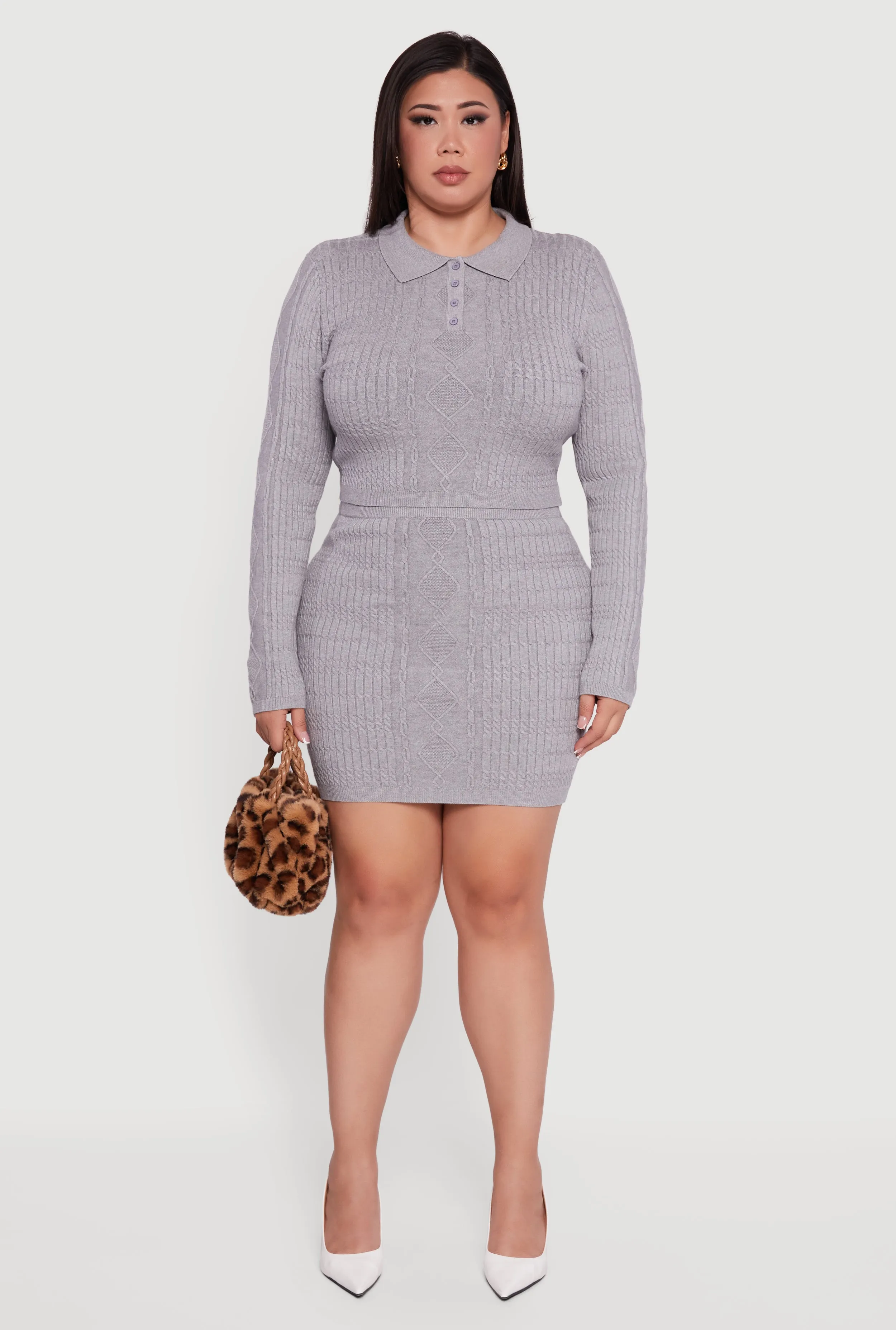 Plus Size Long Sleeve Polo Collar Cable Knit Sweater sold by Rainbow product image thumbnail 3