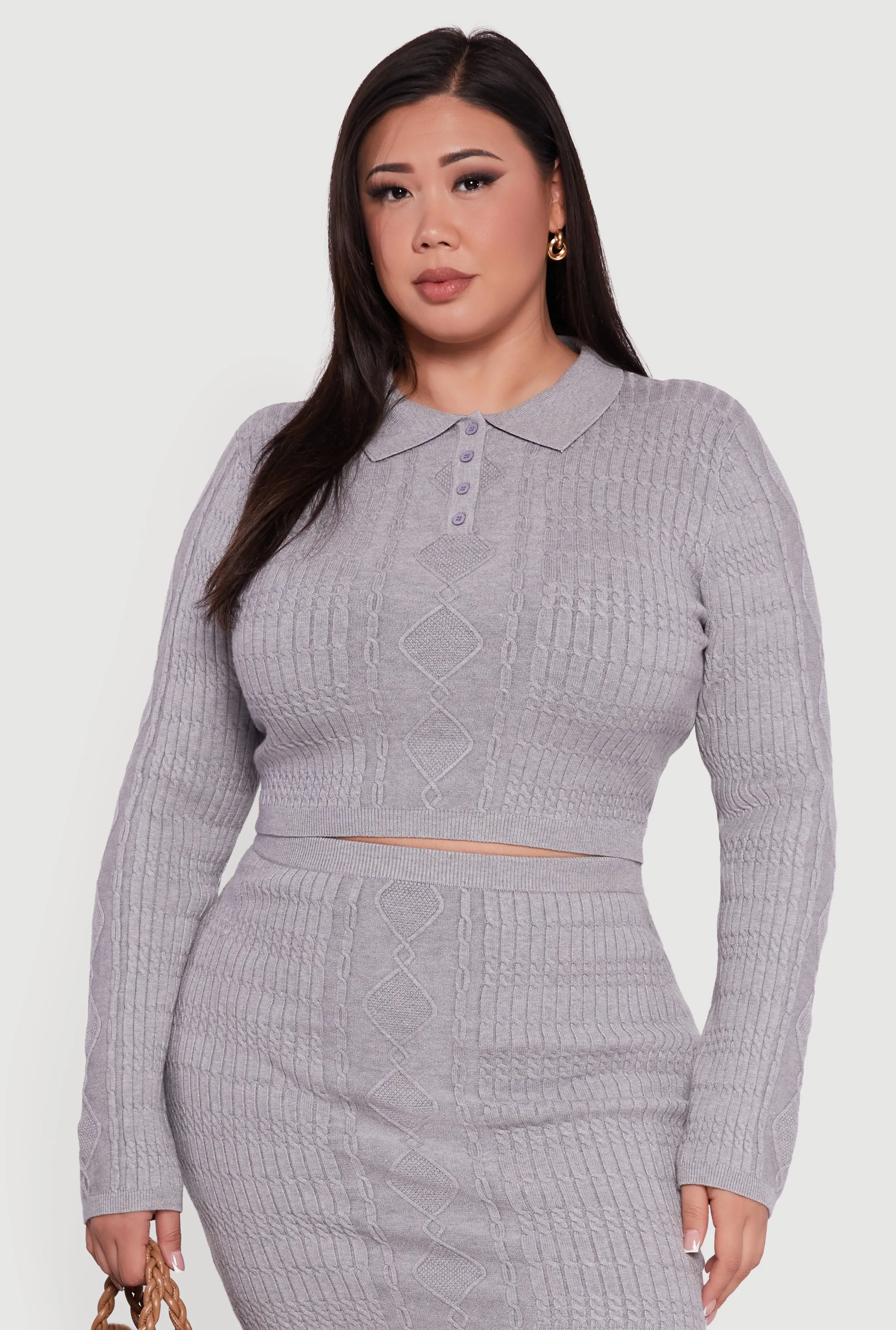 Plus Size Long Sleeve Polo Collar Cable Knit Sweater sold by Rainbow