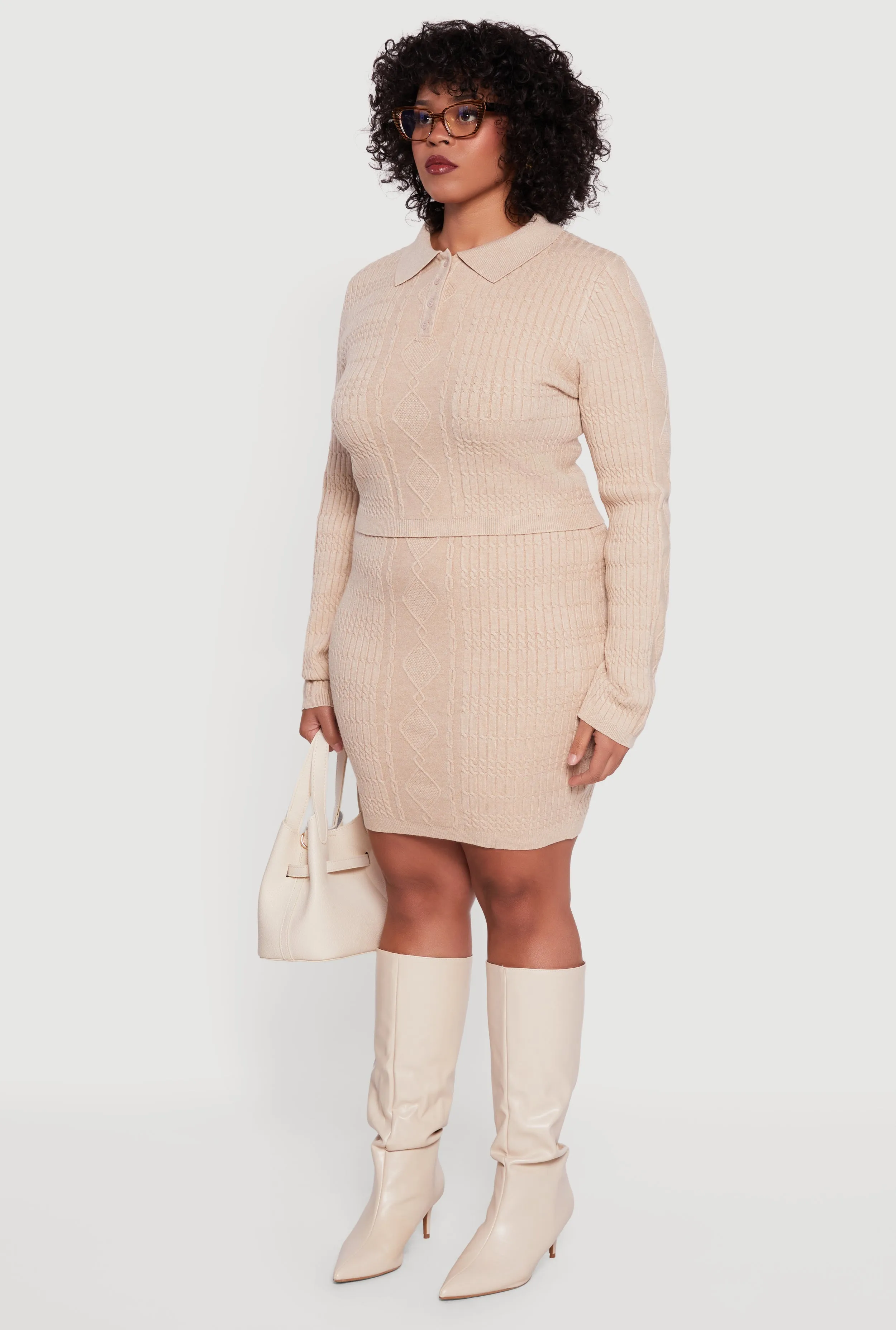 Plus Size Long Sleeve Polo Collar Cable Knit Sweater sold by Rainbow product image thumbnail 5