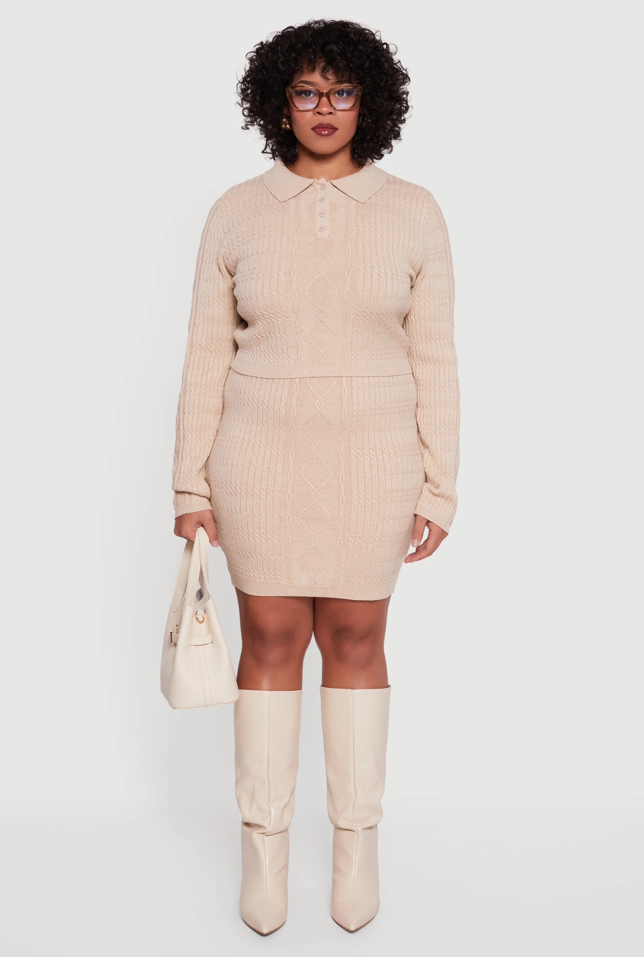 Plus Size Long Sleeve Polo Collar Cable Knit Sweater sold by Rainbow product image thumbnail 3