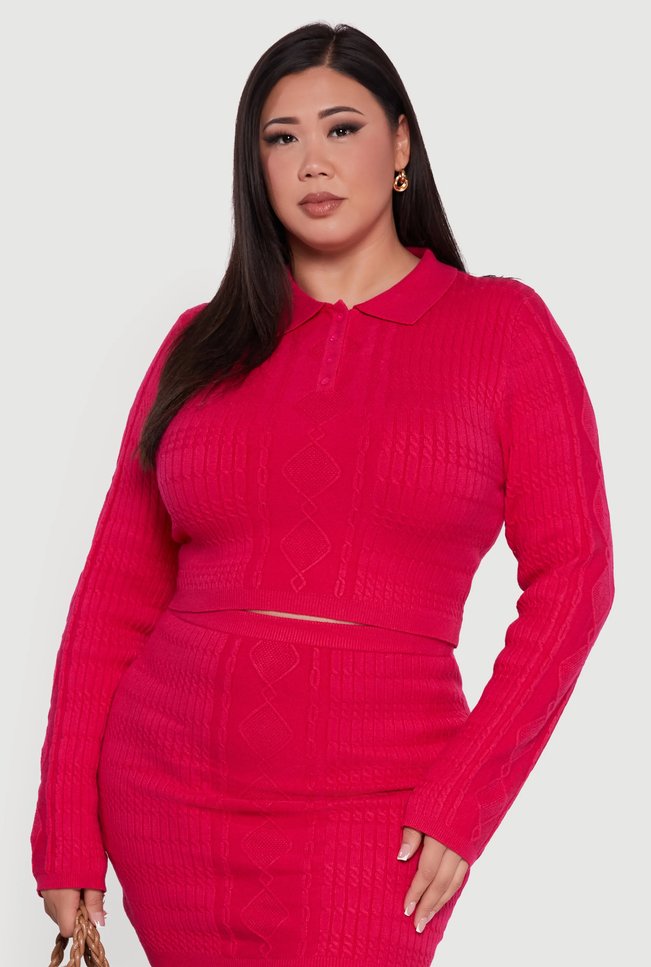 Plus Size Long Sleeve Polo Collar Cable Knit Sweater sold by Rainbow