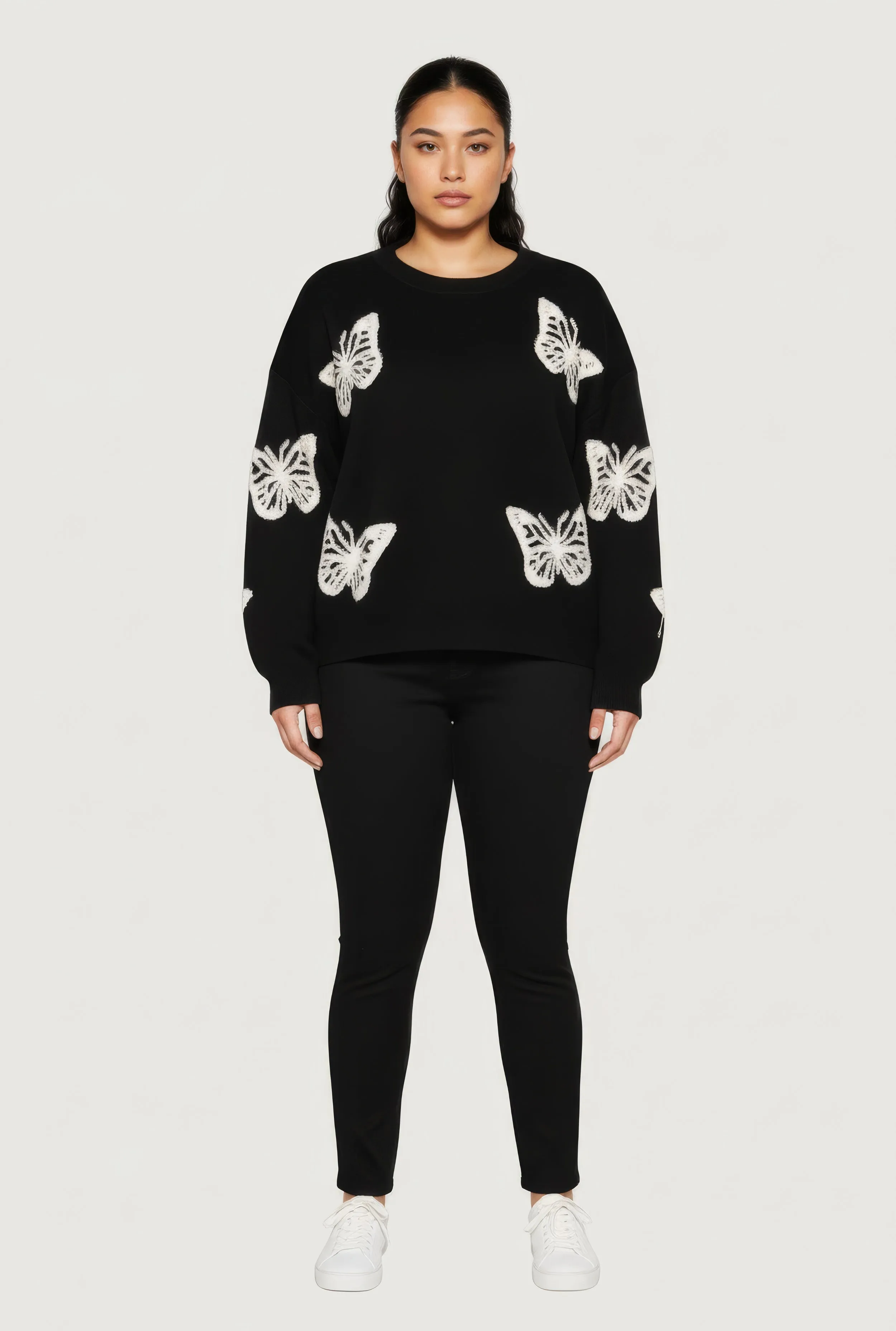 Plus Size Butterfly Tufted Knit Crew Neck Sweater sold by Rainbow
