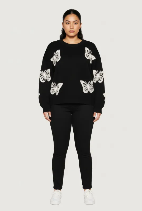 Plus Size Butterfly Tufted Knit Crew Neck Sweater sold by Rainbow