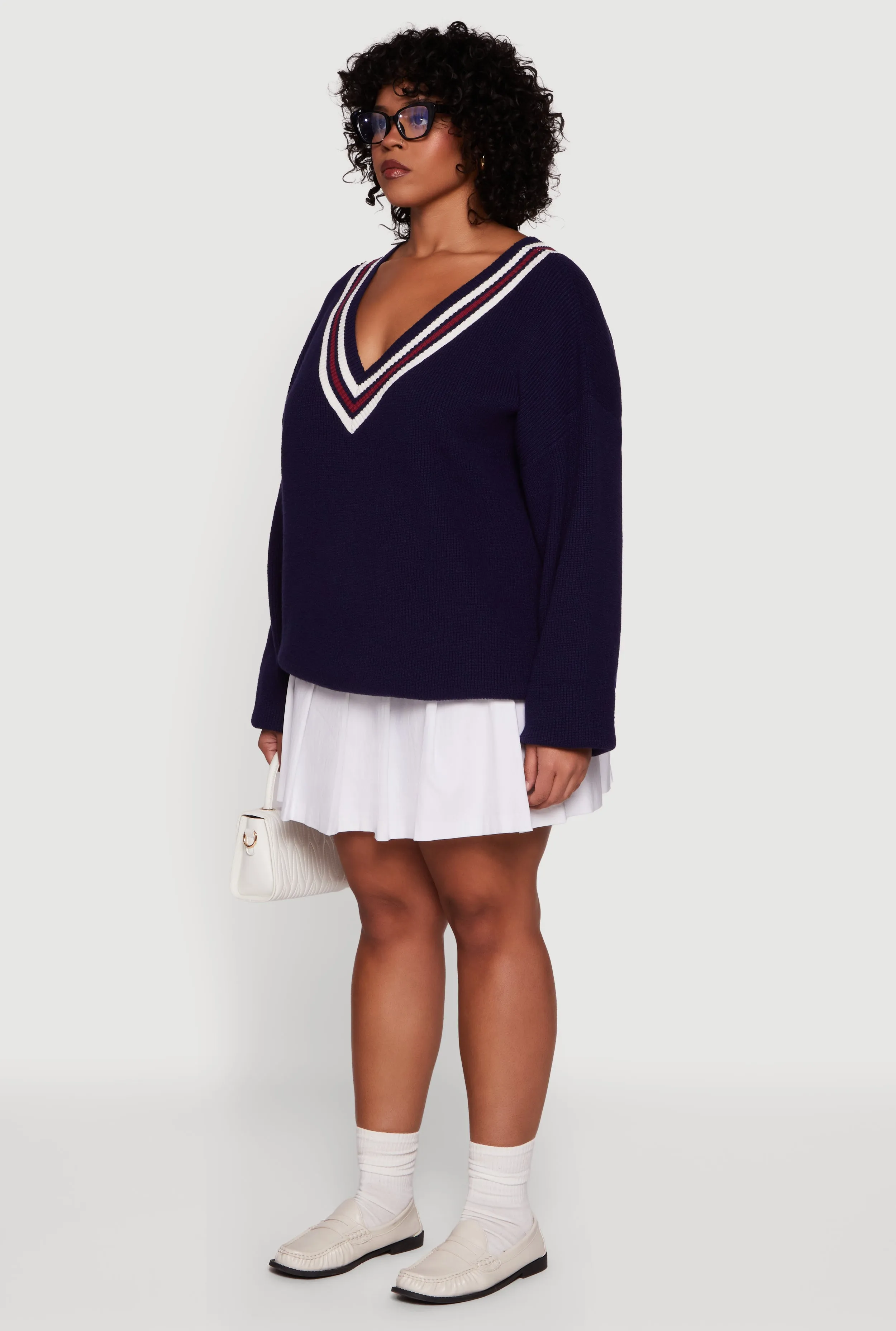 Plus Size Oversized Varsity Stripe V Neck Sweater sold by Rainbow product image thumbnail 3