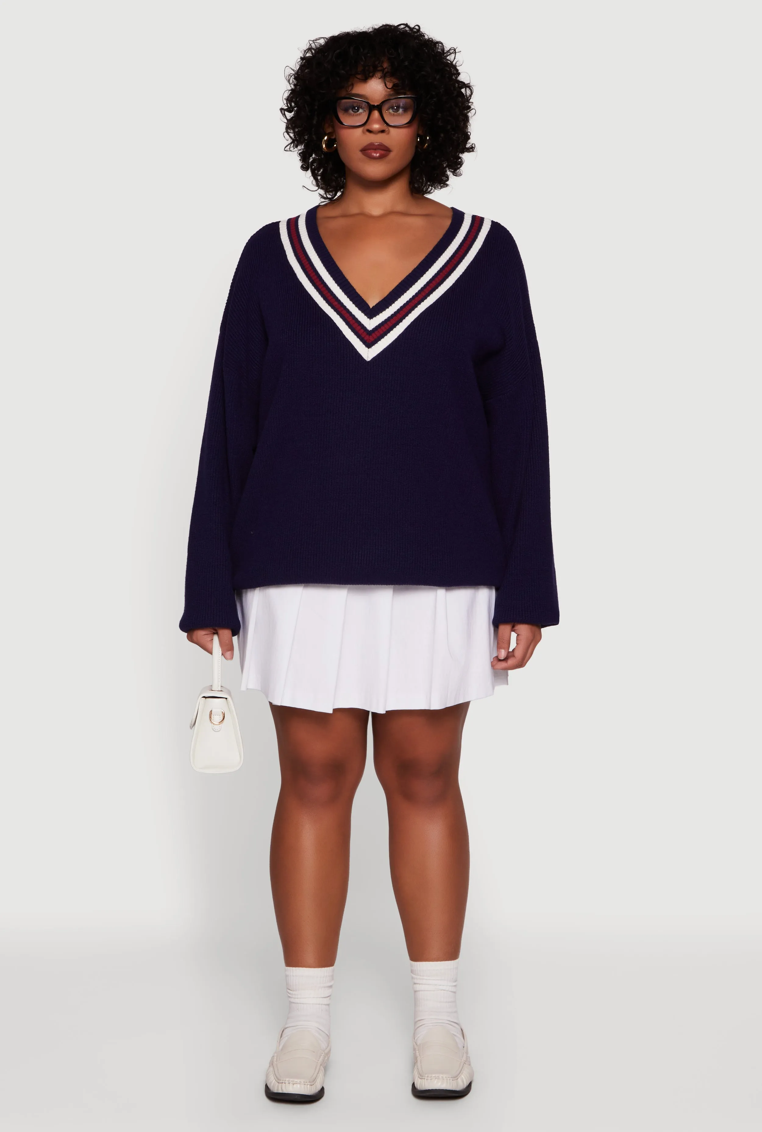 Plus Size Oversized Varsity Stripe V Neck Sweater sold by Rainbow