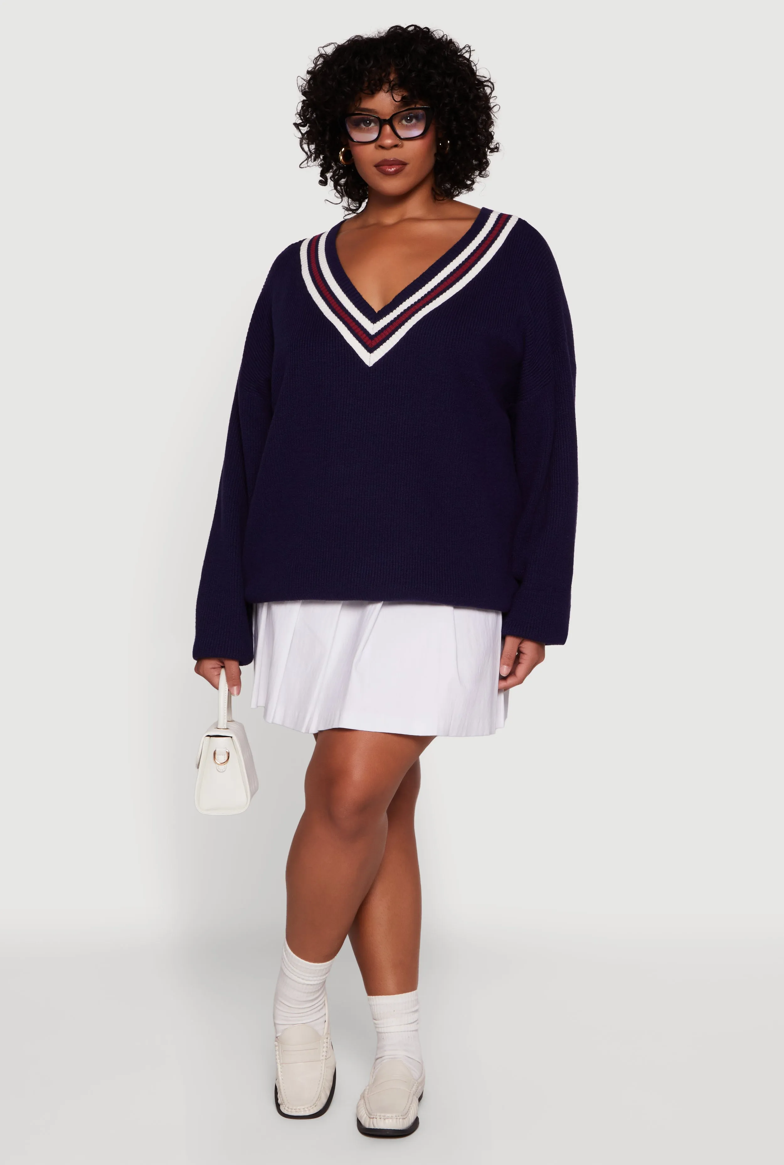 Plus Size Oversized Varsity Stripe V Neck Sweater sold by Rainbow product image thumbnail 5