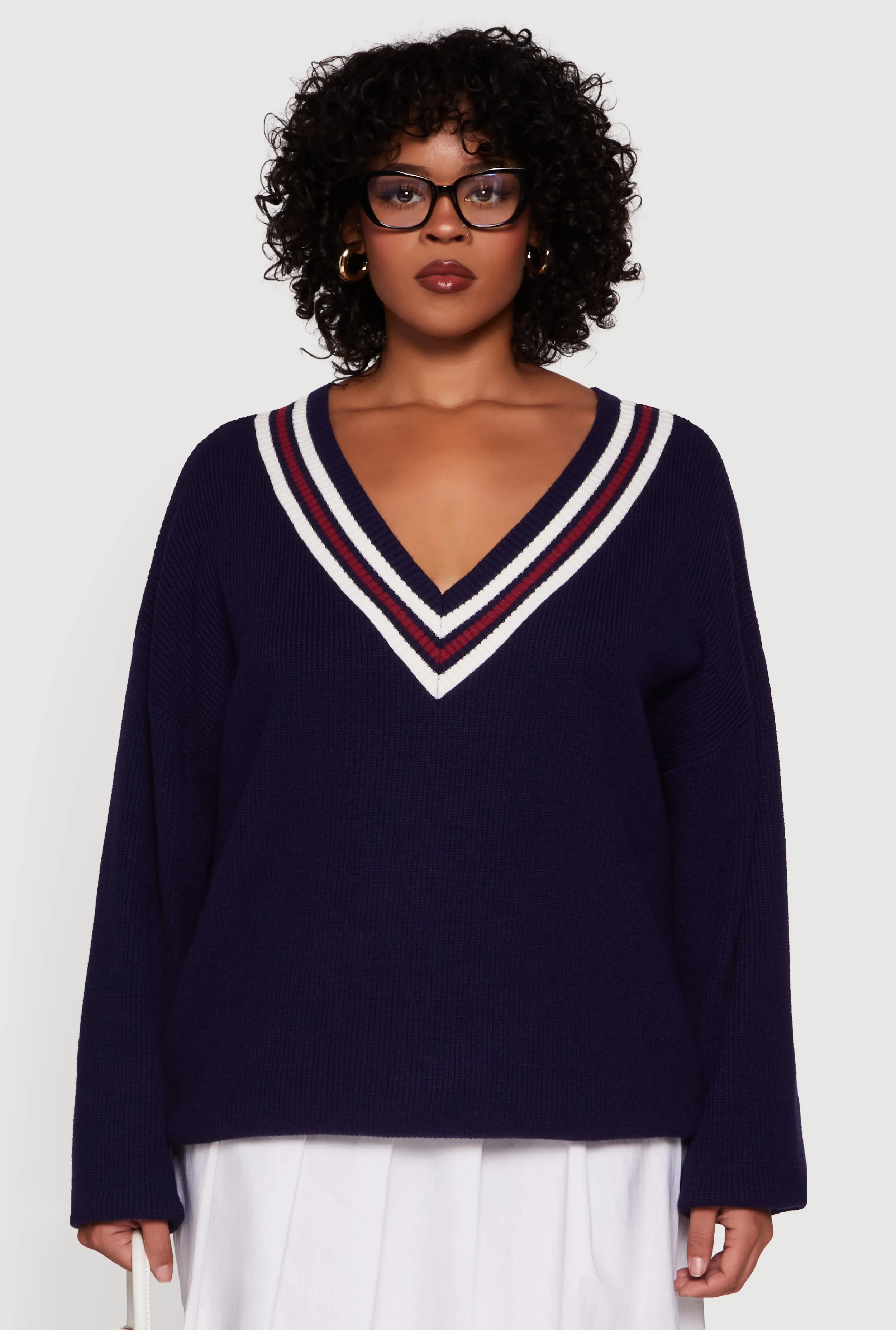 Plus Size Oversized Varsity Stripe V Neck Sweater sold by Rainbow product image thumbnail 2