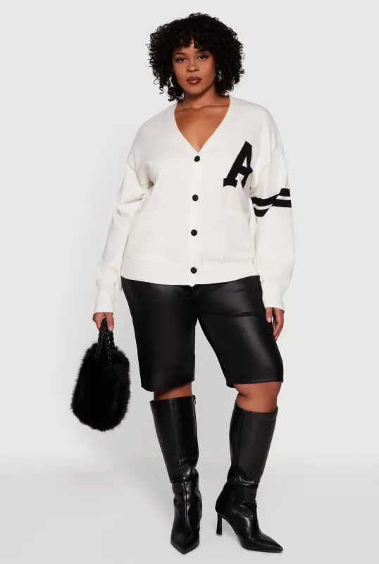 Plus Size A Initial Button Front Varsity Cardigan sold by Rainbow