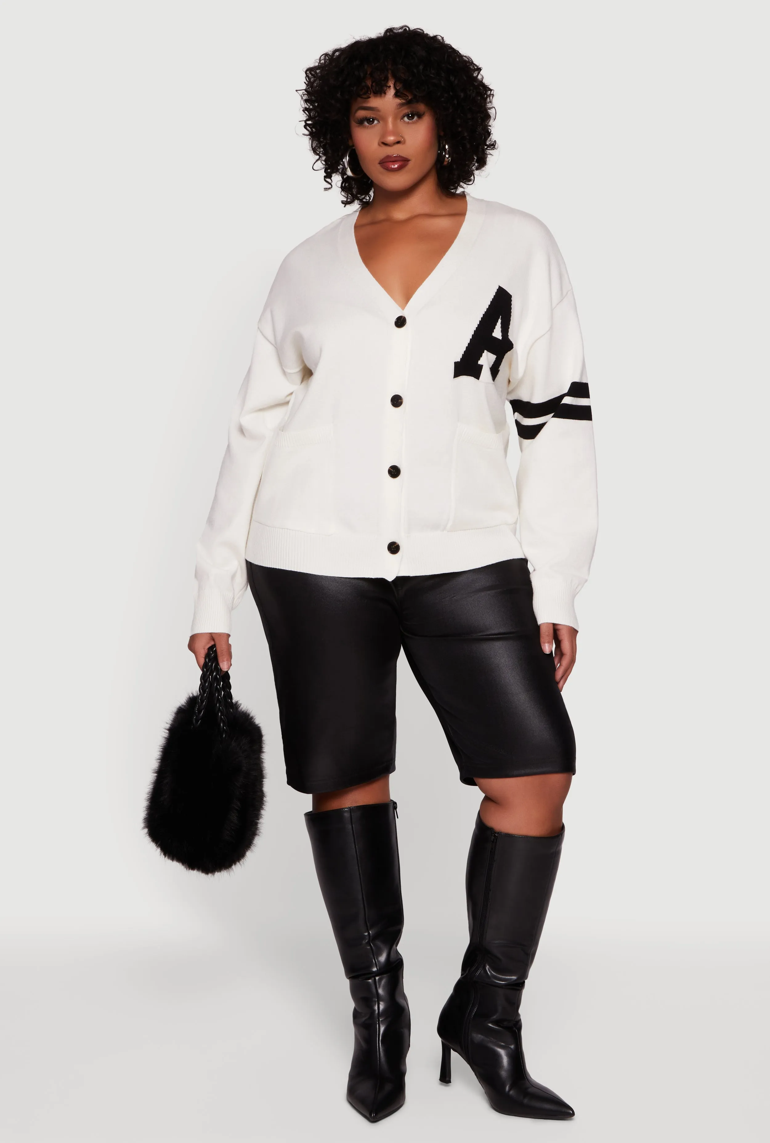 Plus Size A Initial Button Front Varsity Cardigan sold by Rainbow