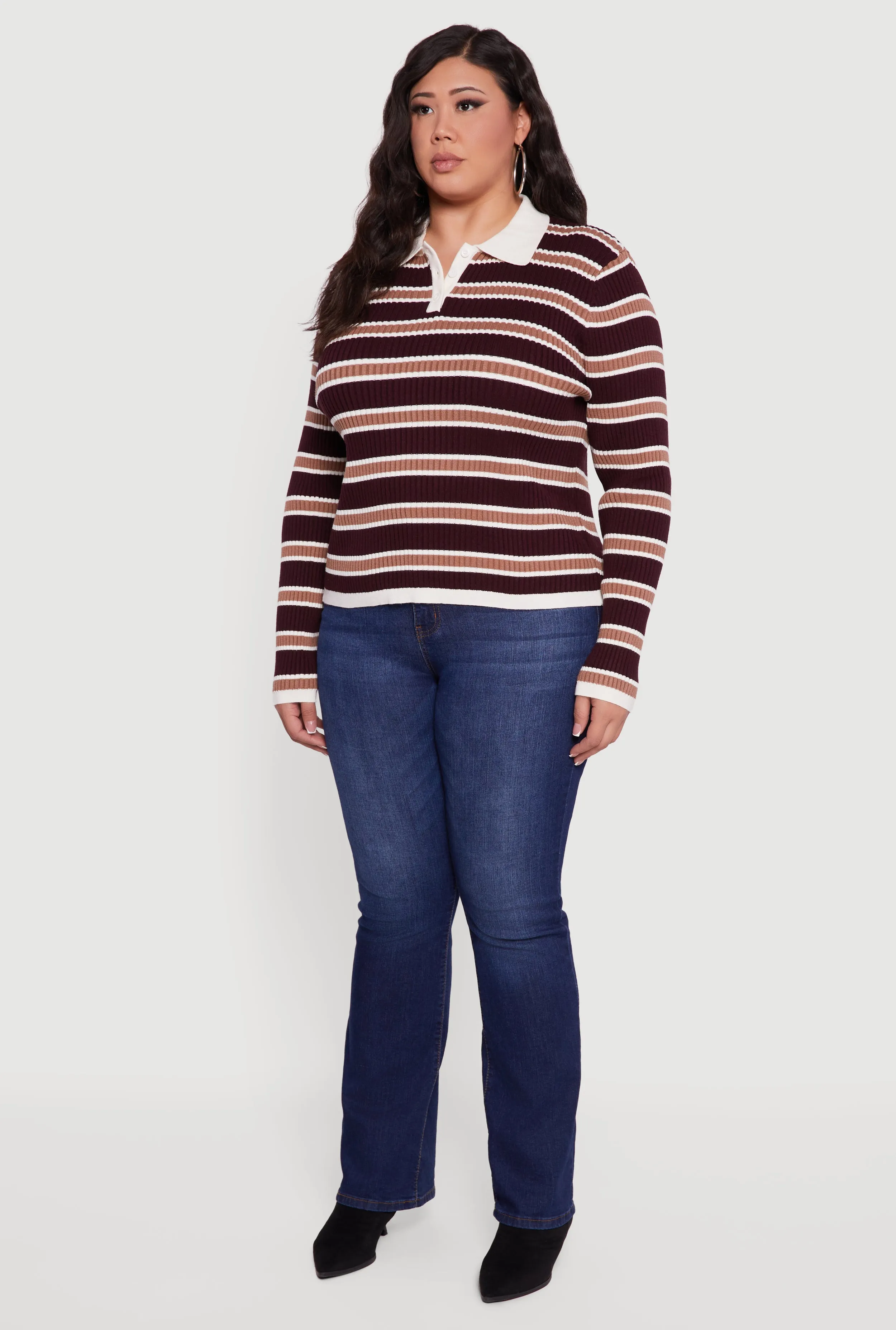 Plus Size Striped Rib Knit Polo Sweater sold by Rainbow product image thumbnail 5