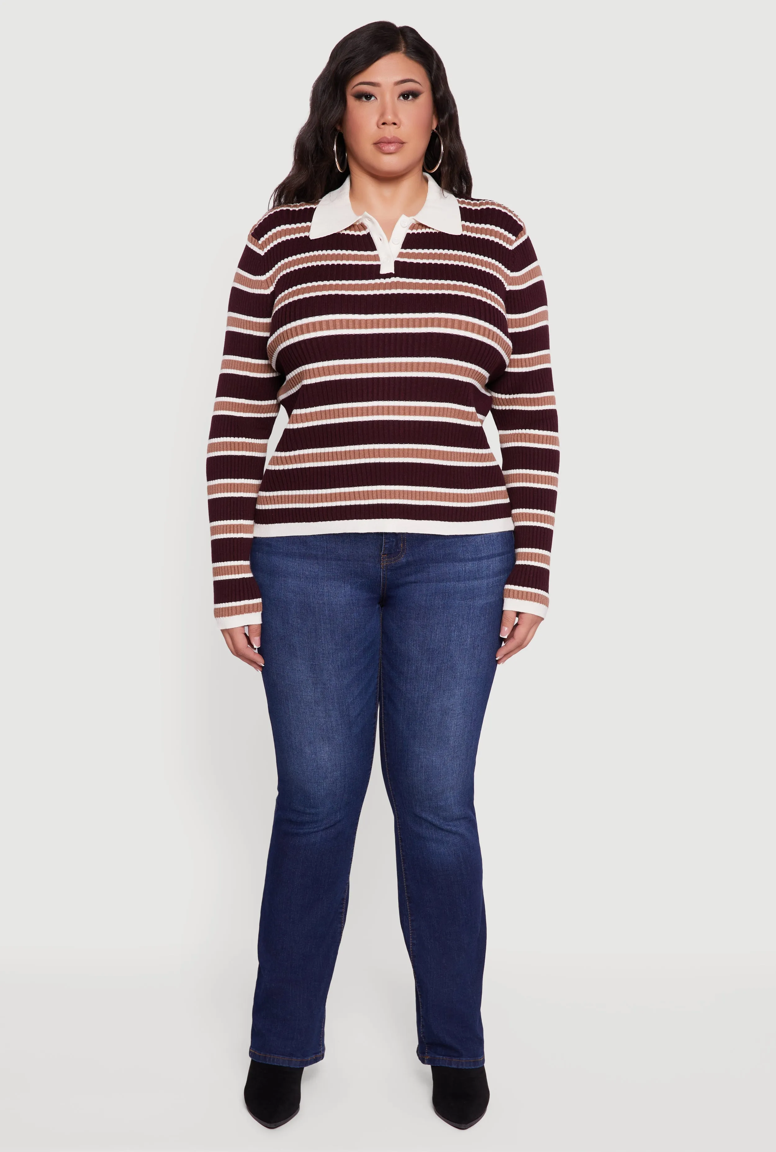 Plus Size Striped Rib Knit Polo Sweater sold by Rainbow product image thumbnail 3