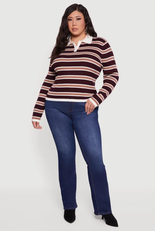 Plus Size Striped Rib Knit Polo Sweater sold by Rainbow
