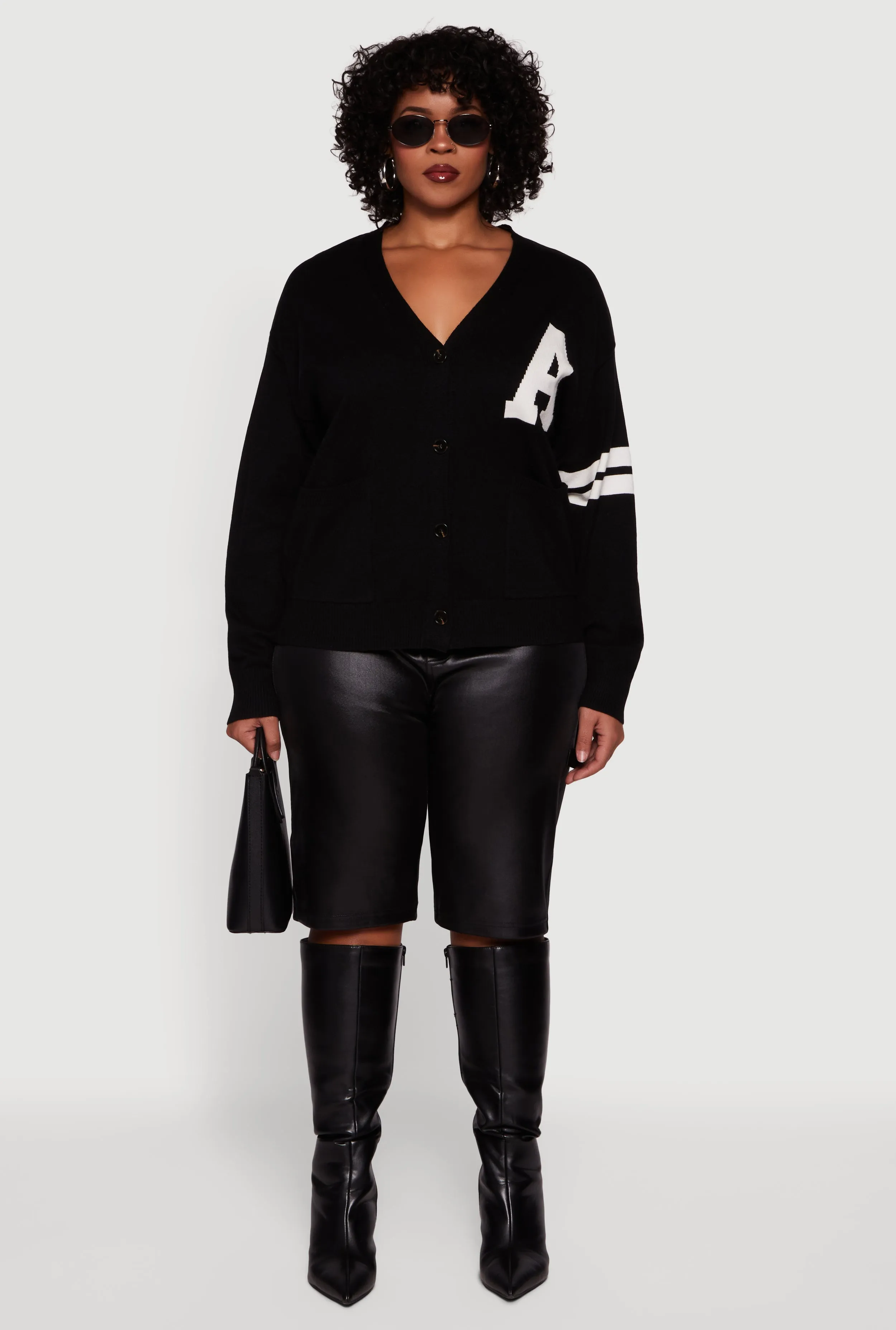 Plus Size A Initial Button Front Varsity Cardigan sold by Rainbow