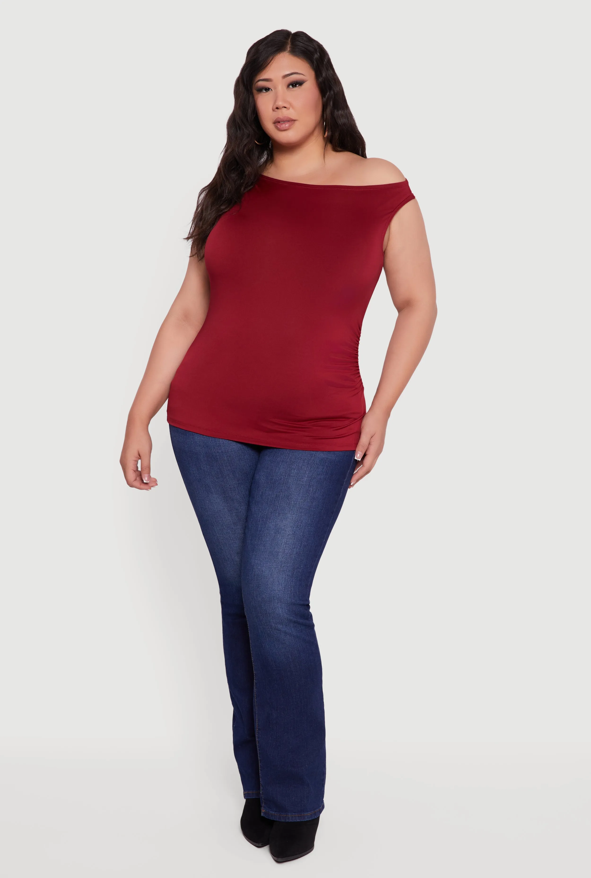 Plus Size Sleeveless Boat Neck Ruched Blouse sold by Rainbow