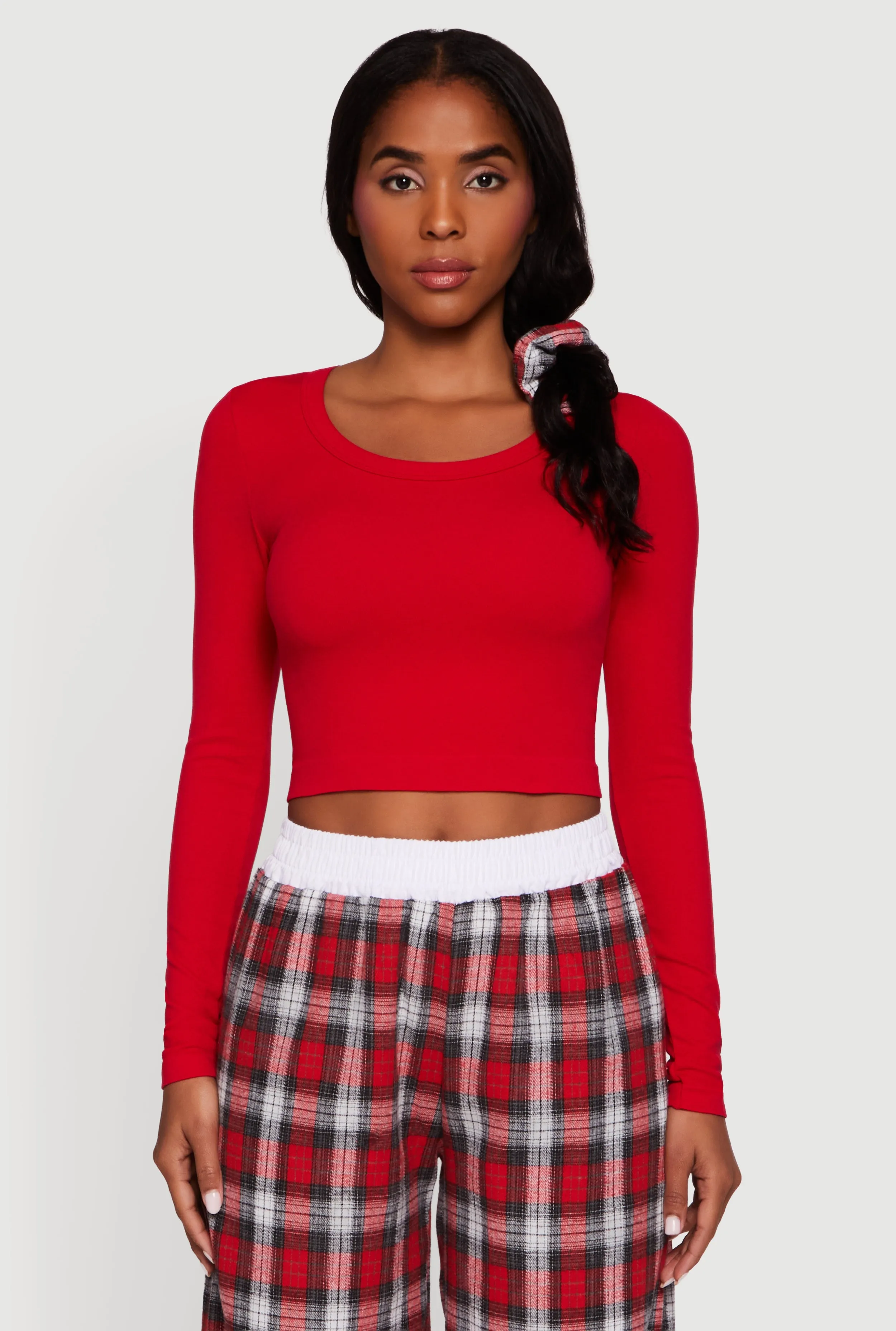Rib Knit Long Sleeve Crop Top with Scrunchie sold by Rainbow