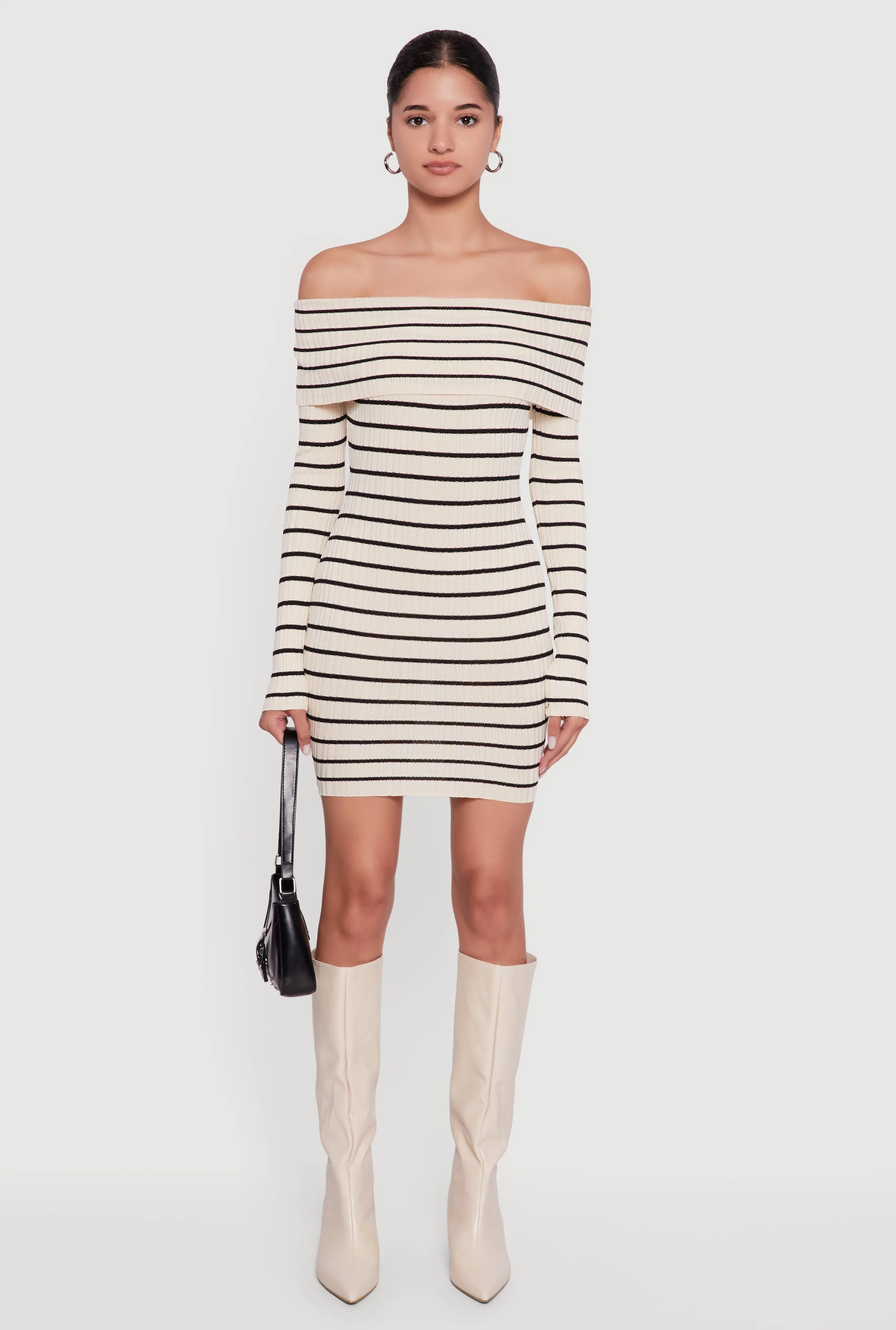 Striped Fold Over Off the Shoulder Sweater Dress sold by Rainbow product image thumbnail 2