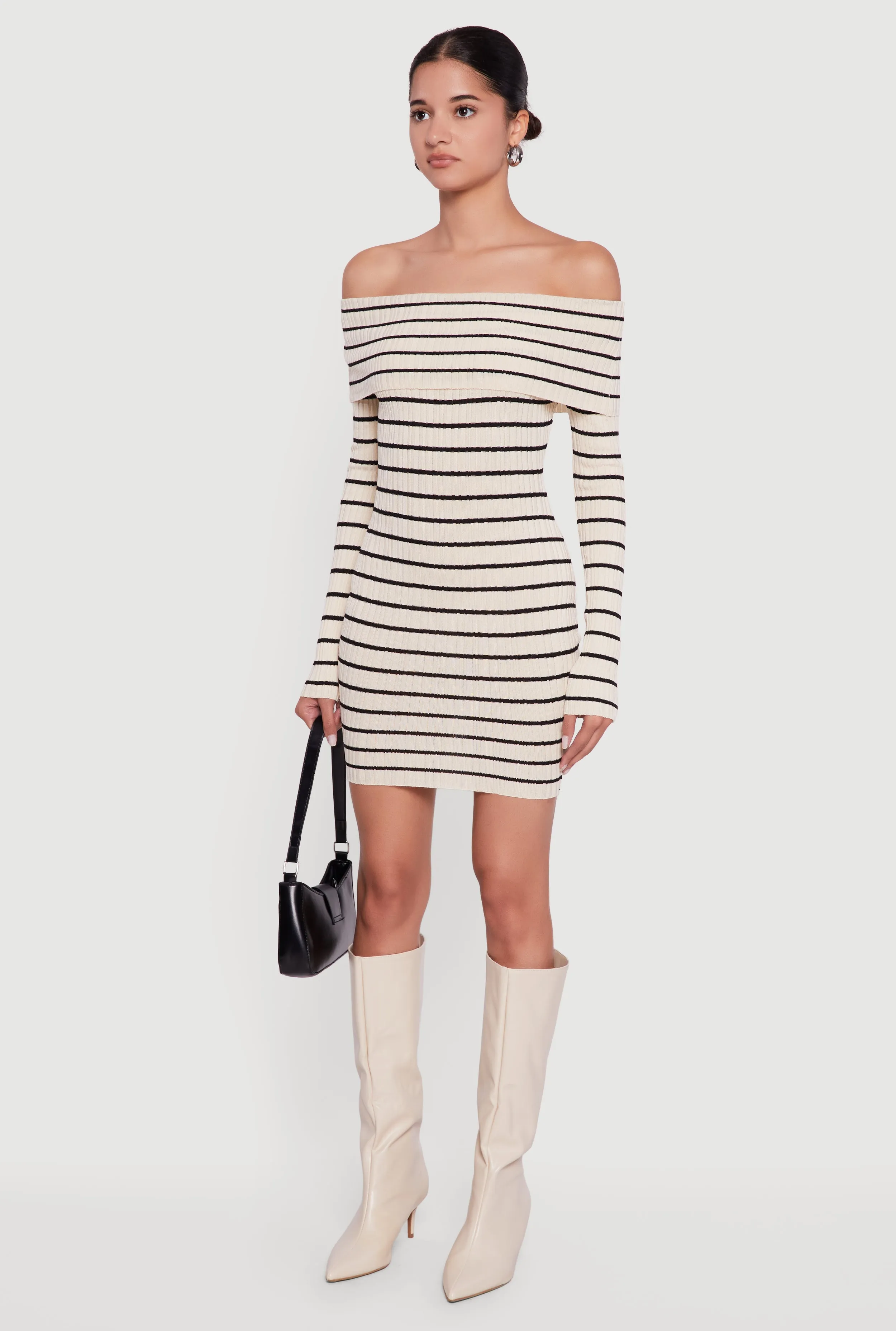Striped Fold Over Off the Shoulder Sweater Dress sold by Rainbow product image thumbnail 3