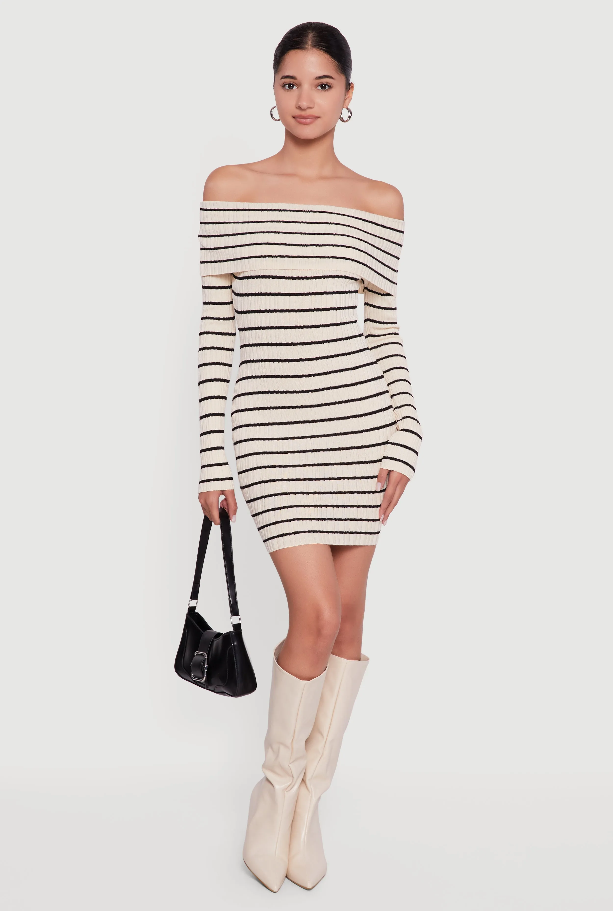 Striped Fold Over Off the Shoulder Sweater Dress sold by Rainbow