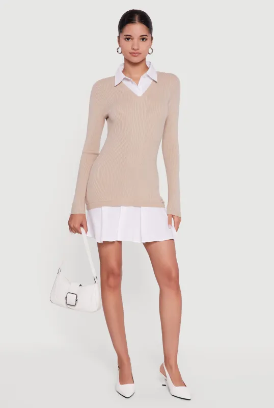 Rib Knit Layered Pleated Sweater Dress sold by Rainbow
