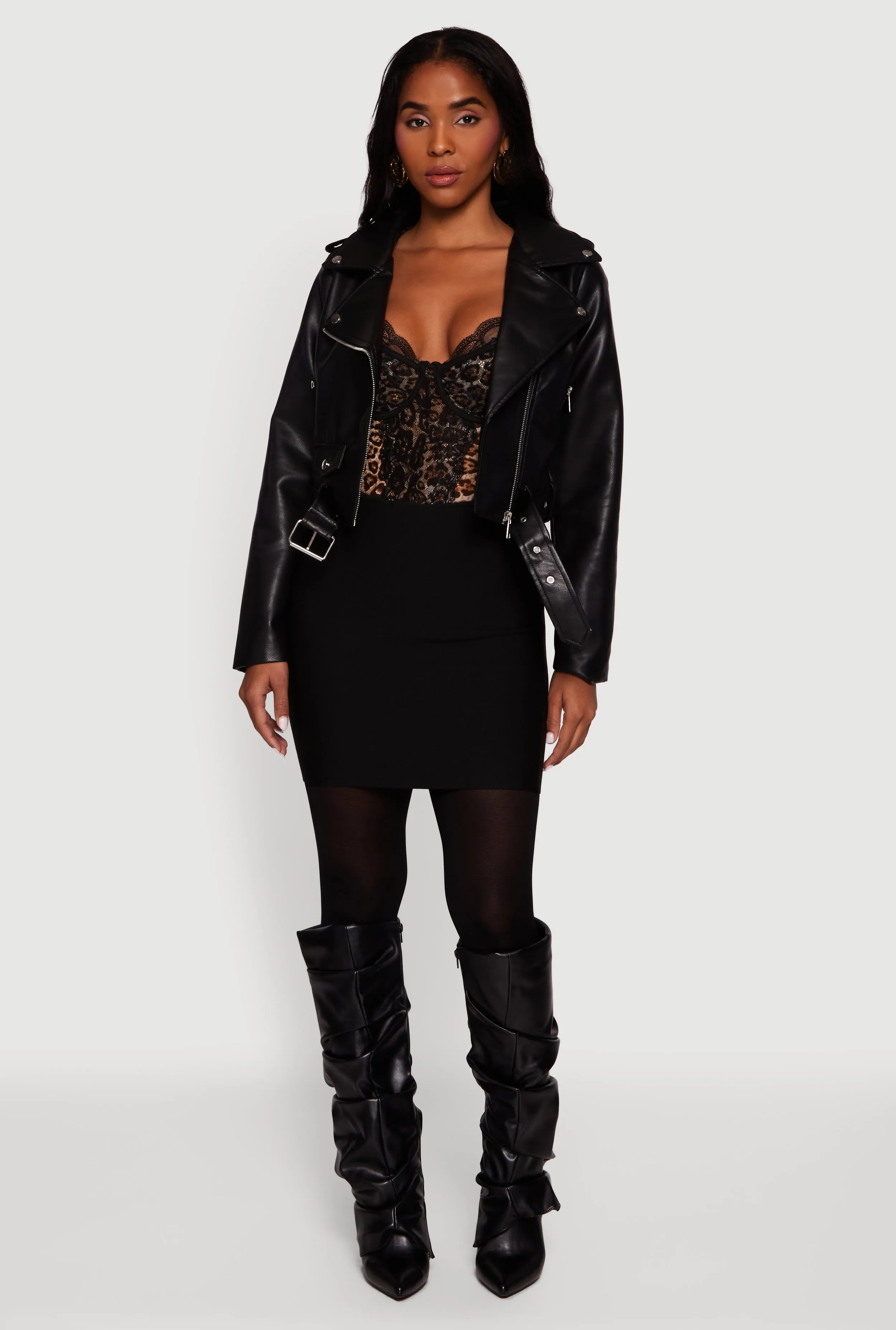 Cropped Faux Leather Belted Moto Jacket sold by Rainbow
