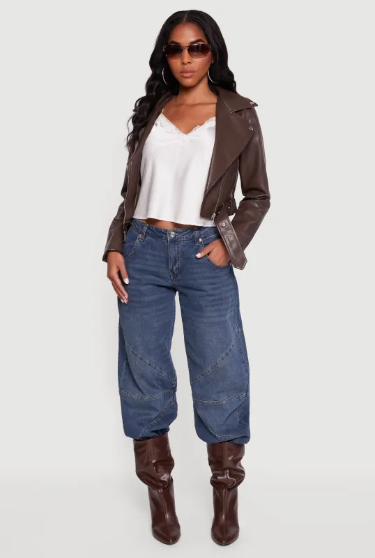 Cropped Faux Leather Belted Moto Jacket sold by Rainbow